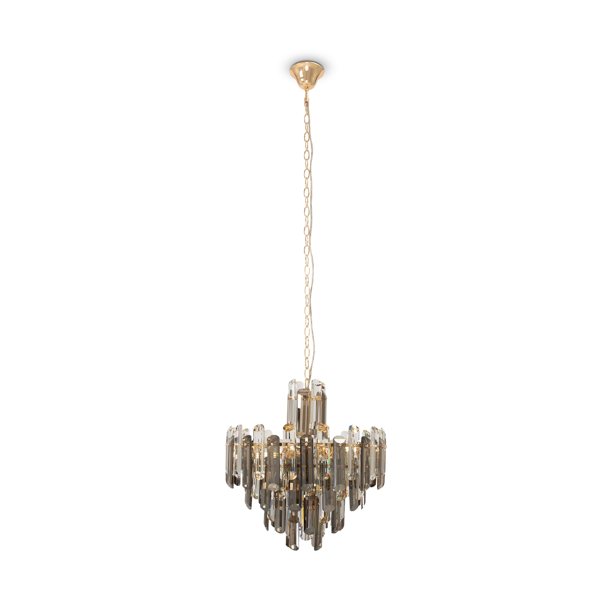 Flare Chandelier, 6 Lamp, Gold Metal, Clear And Smoked Crystal Glass, 48.8cm Wide