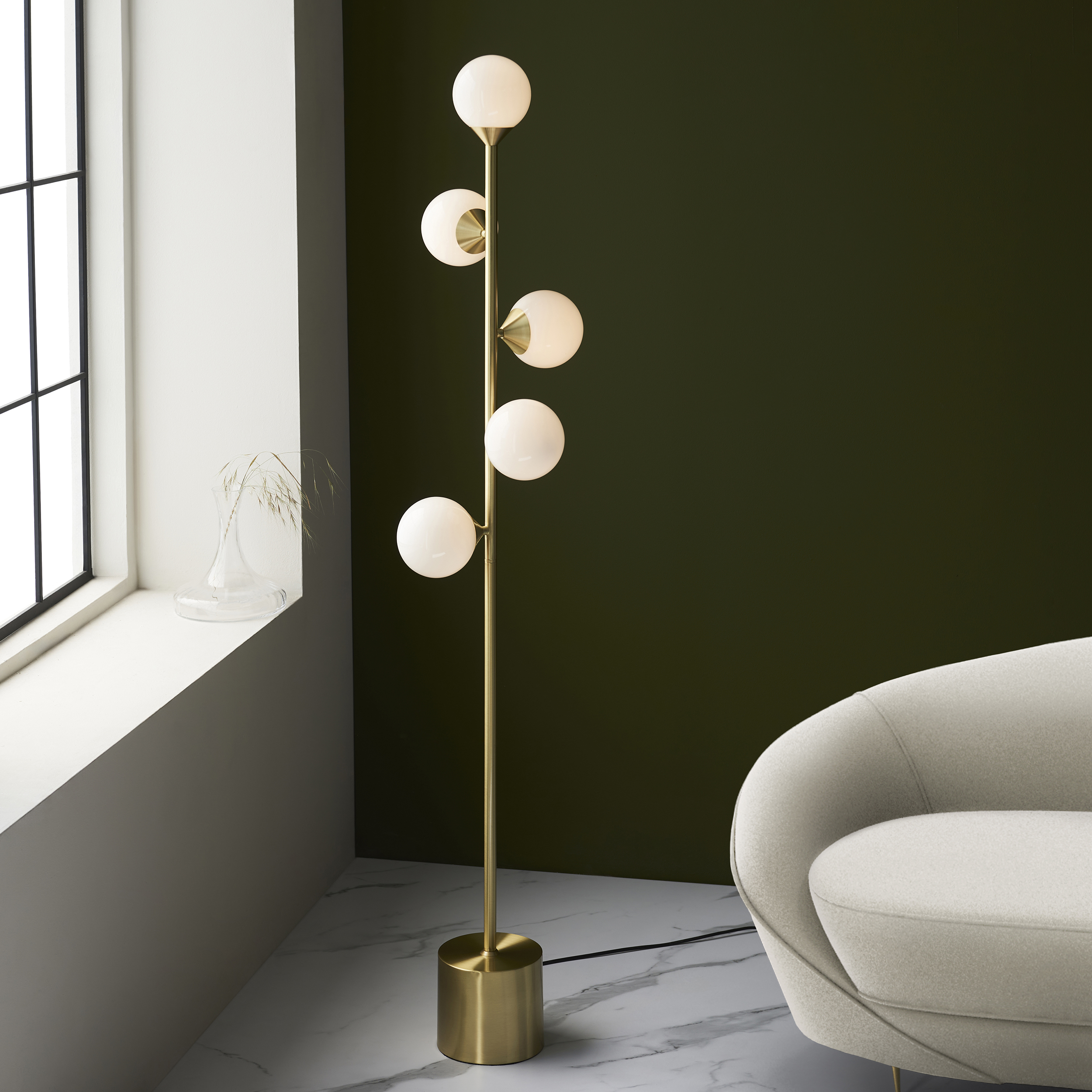 Nexus Floor lamp, Satin Brass, Opal Glass, 5 Light