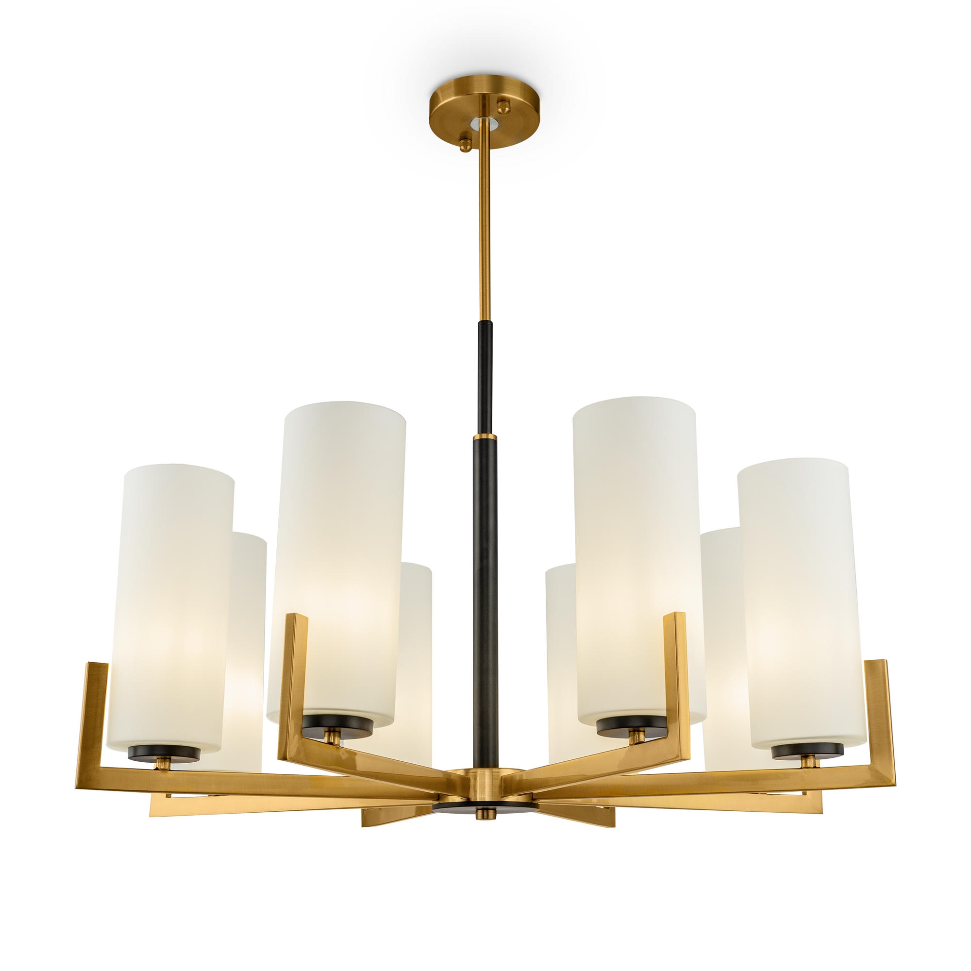Fortano 8 Light Chandelier, Black & Brass Metal, White Glass Shades, 76cm Wide