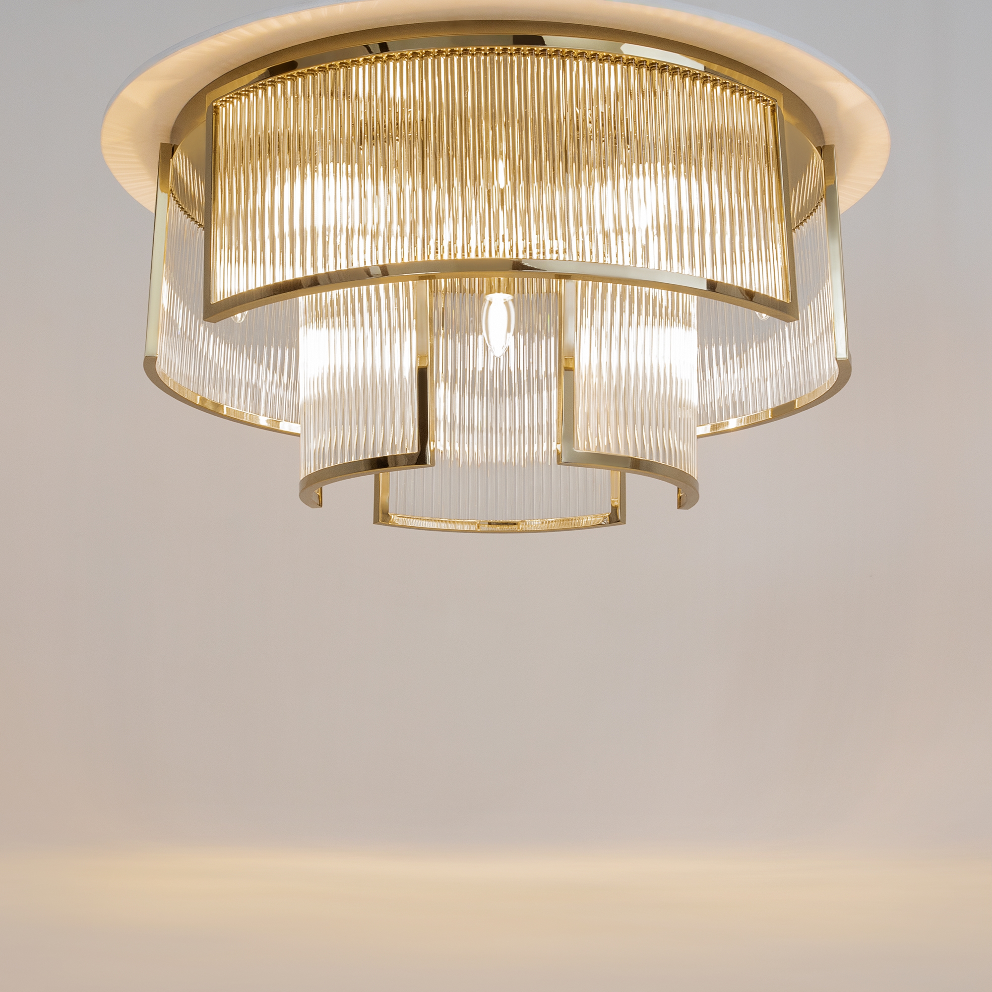 Frame 9 Light Round Ceiling Light, Gold Metal, Clear Glass, 65cm Wide