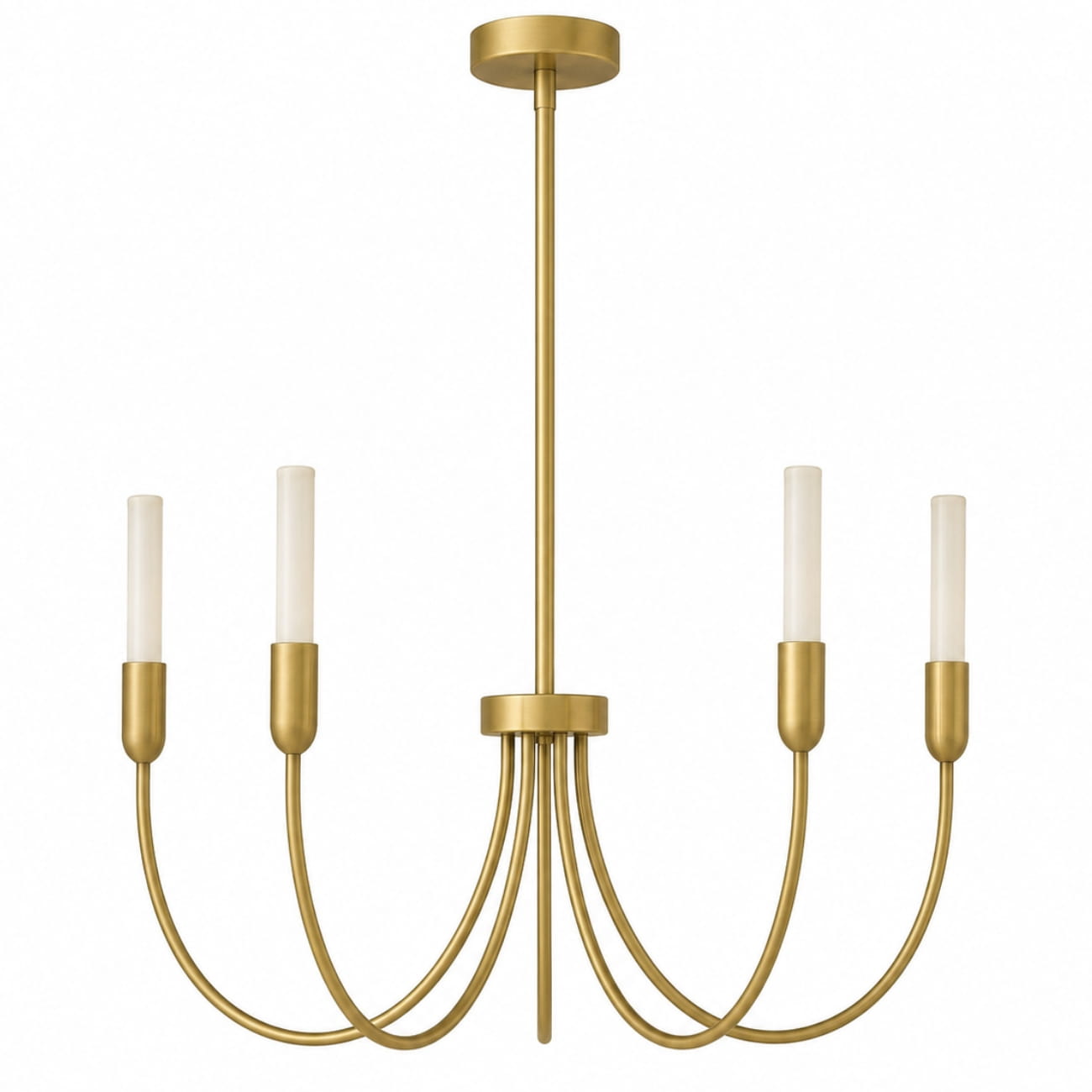 Argust 5 Arm Brushed Brass Chandelier, Steel, White Glass Shades, 48cm Diameter