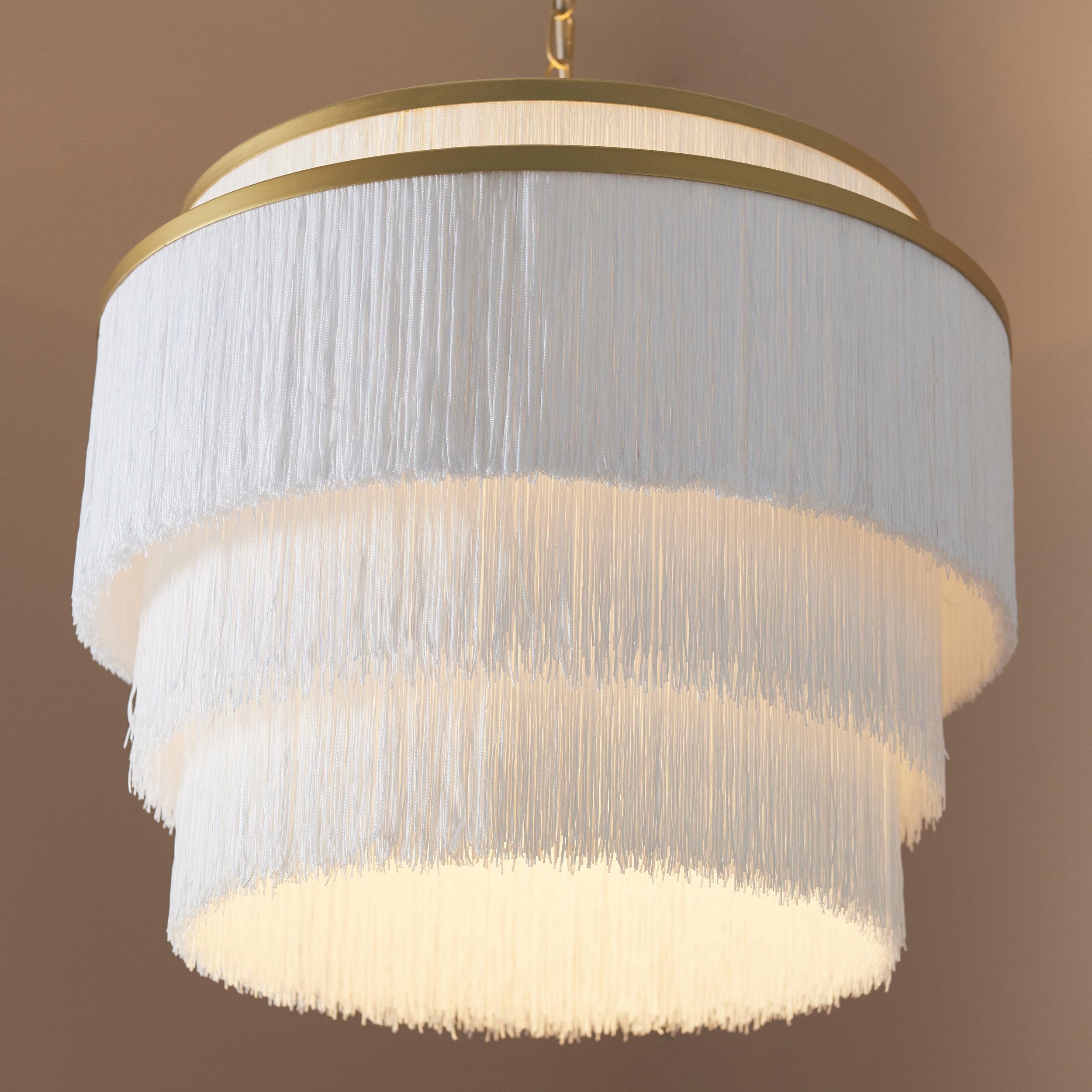 Pellen Large Pendant Lamp, White Fringe, Gold Trim, 50cm