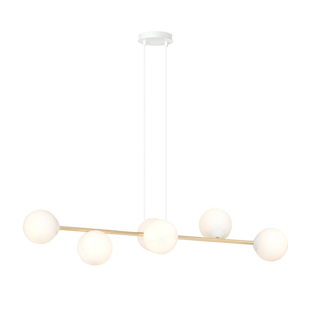 Gravita 6 Lamp Pendant Light, Gold, White Glass, 110cm