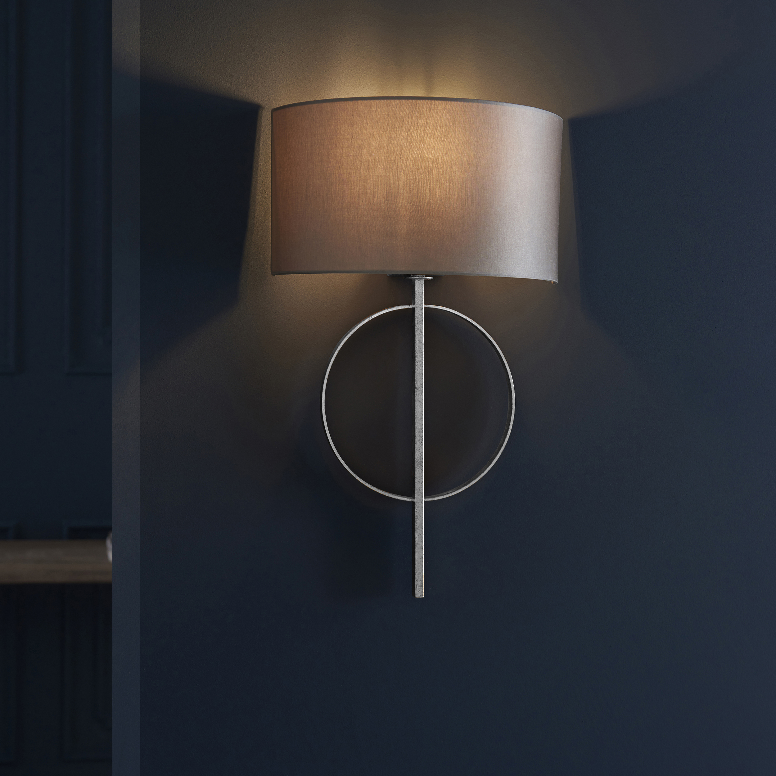 Oratio Wall Light, Silver Leaf Ring, Mink Half Drum Shade