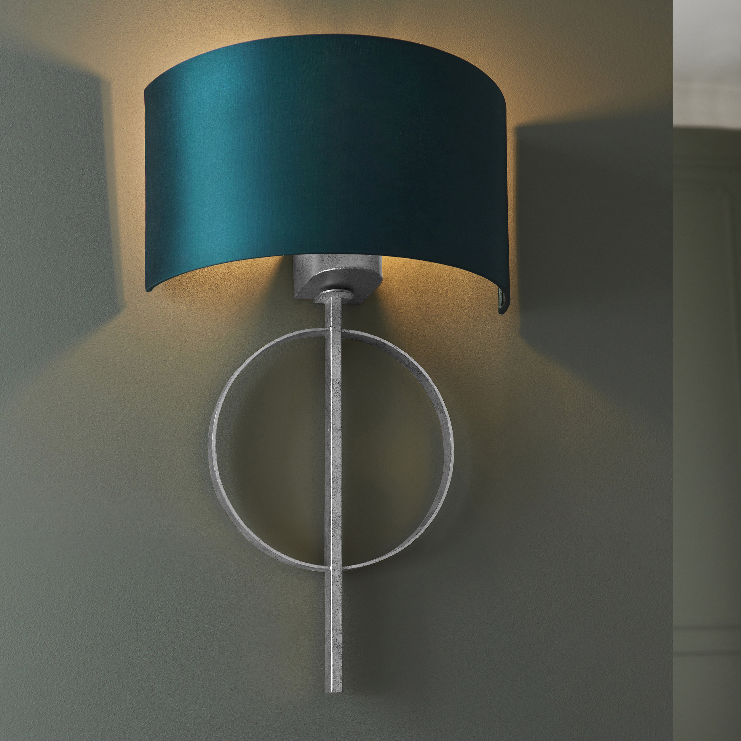 Oratio Wall Light, Silver, Teal Half Drum Shade