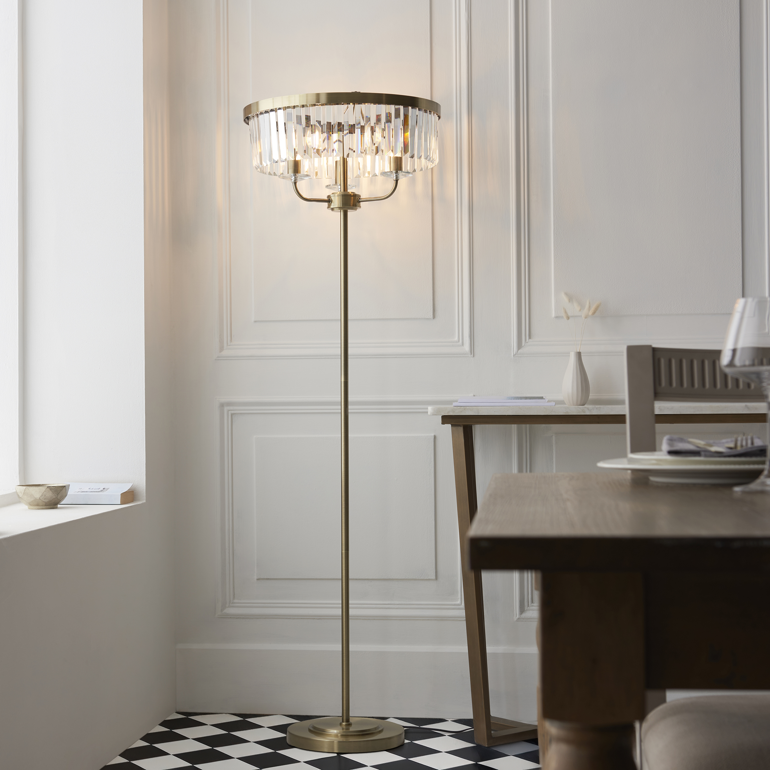Quasar Floor Lamp, Antique Brass, Glass, 3 Light