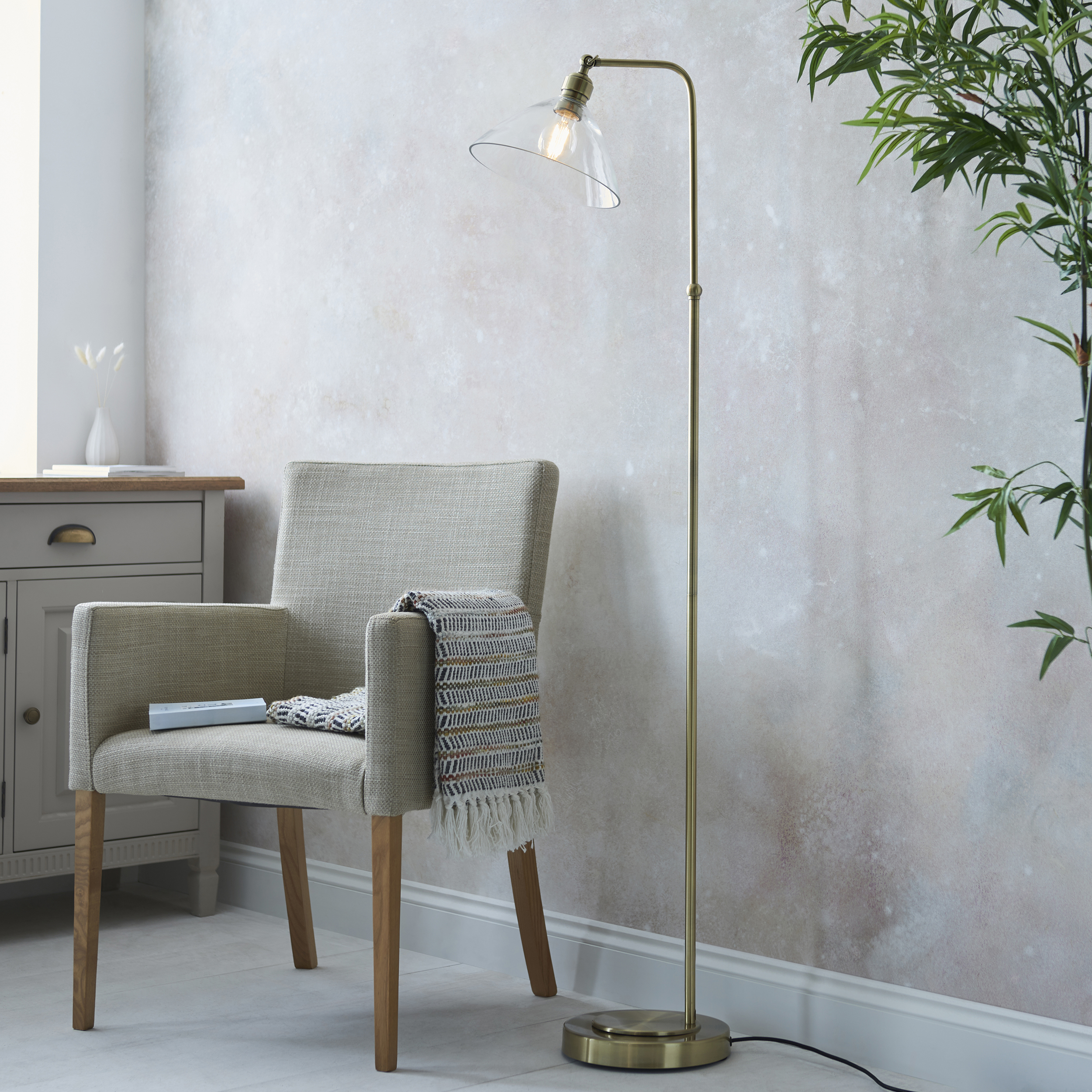 Freddo Floor Lamp, Antique Brass, Clear Glass
