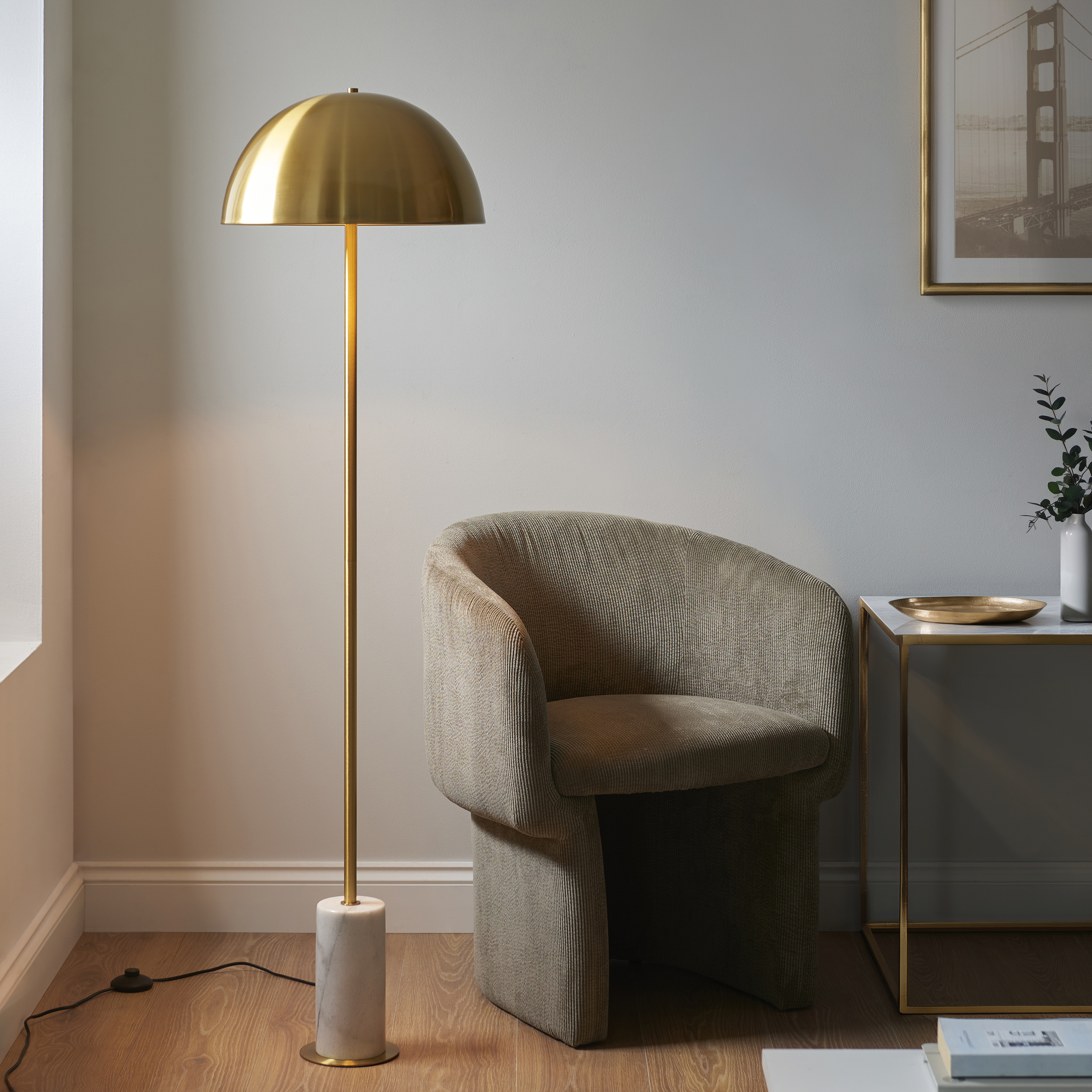 Charan Floor Lamp, Brass Shade, White Marble Base