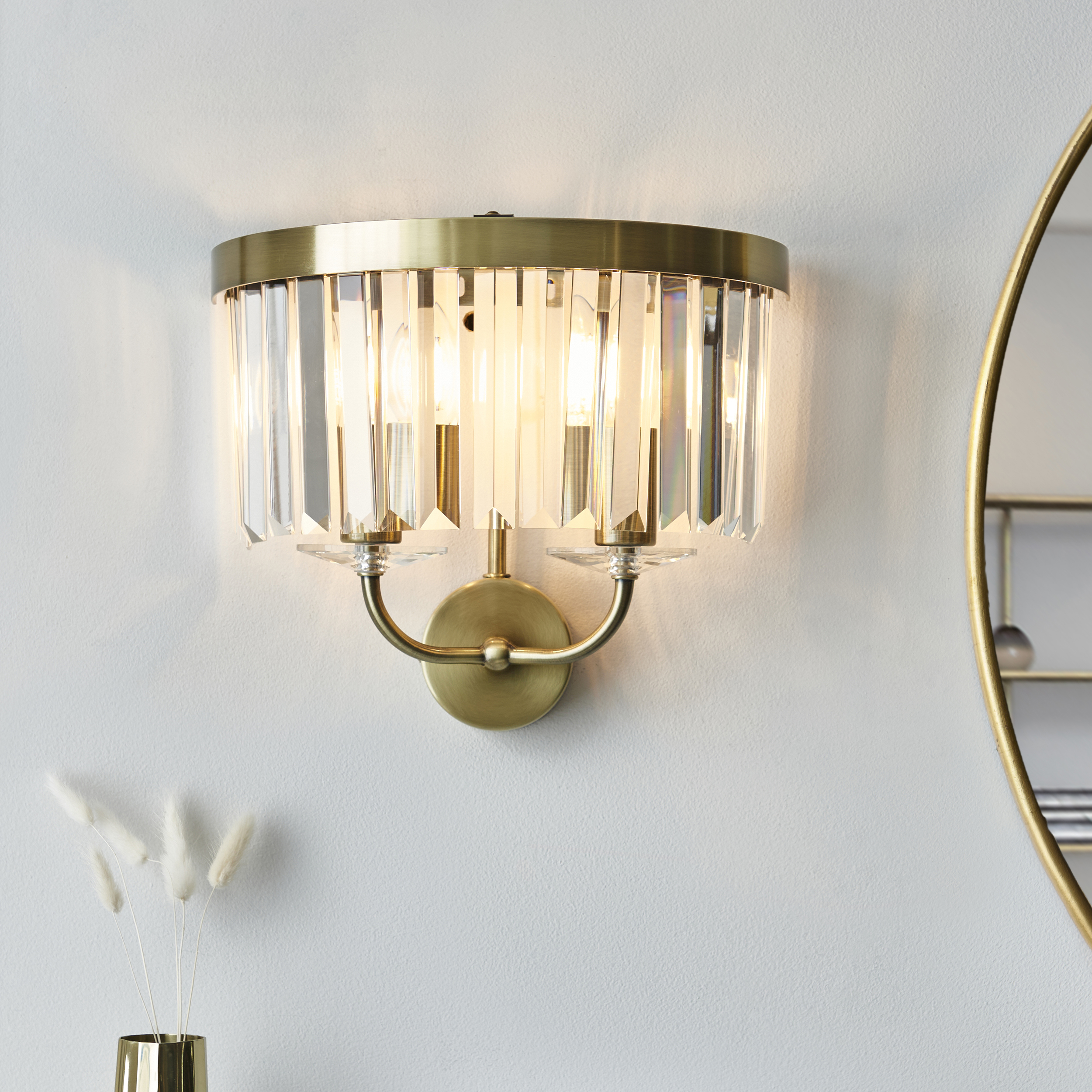 Quasar Wall Lamp, Antique Brass, Cut Crystal Glass, 2 Light