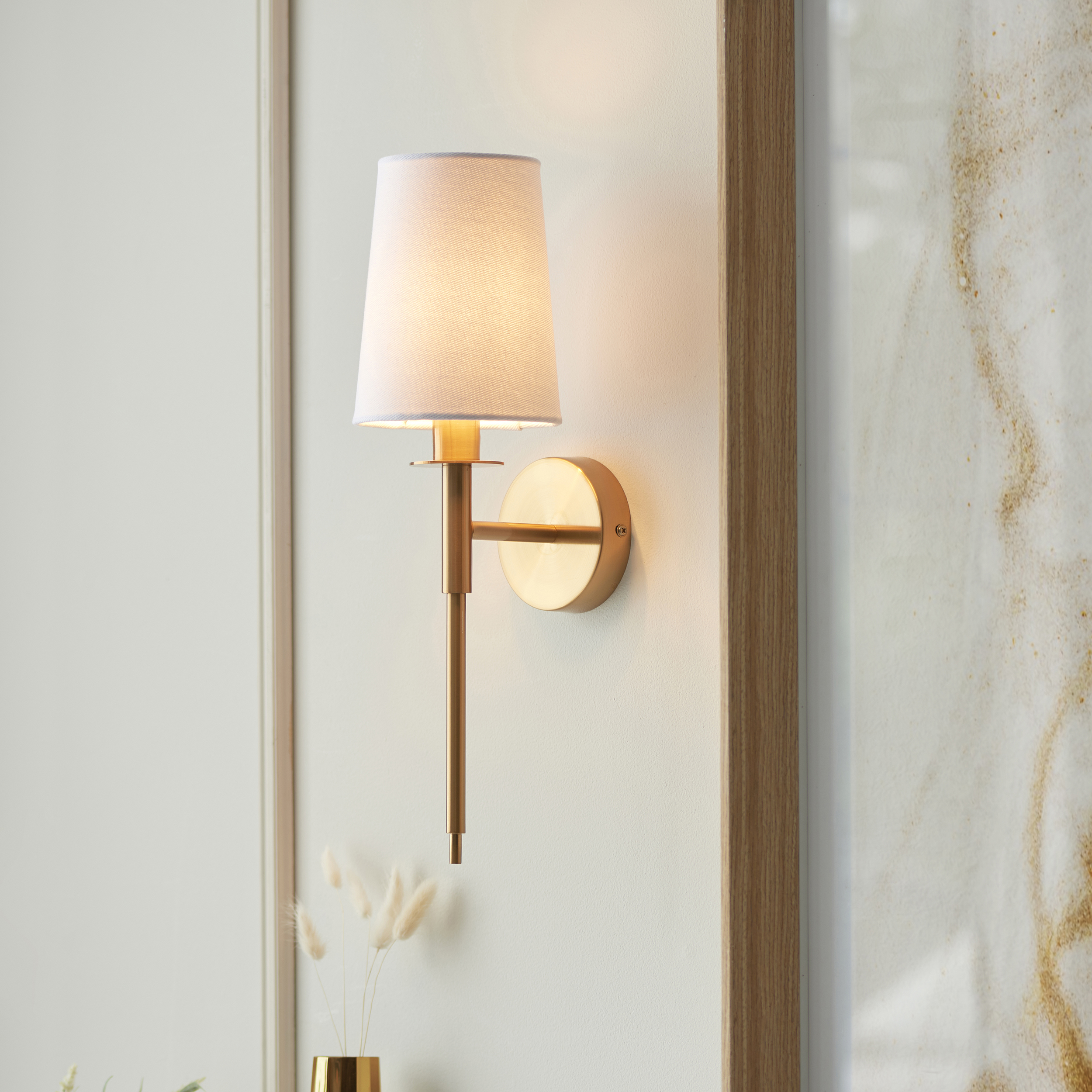 Avel Brass Wall Light, White Lampshade, 1 Lamp