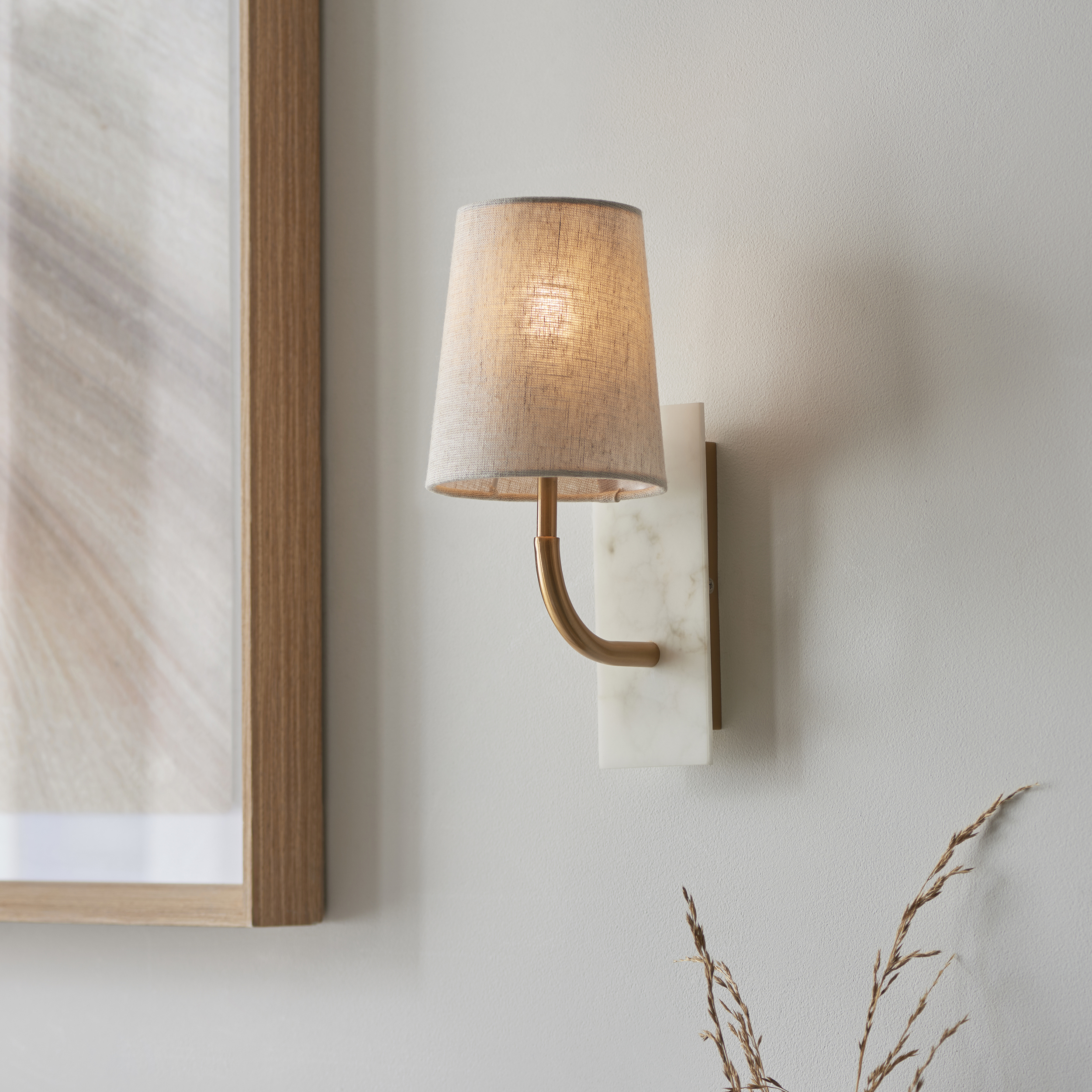 Adara Wall Lamp, Curved Arm, Brass, Marble, Tapered Lampshade
