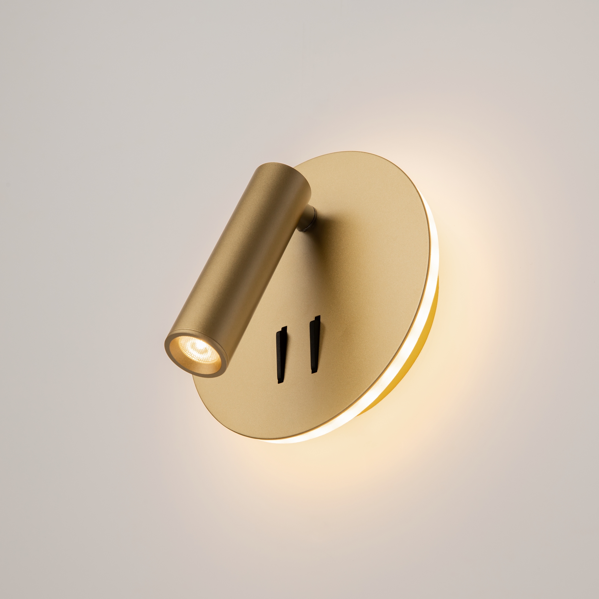 Ios 176, Switched Wall Spotlight With Backlight, Matt Gold, LED 3000k, 9W, 14cm Diameter