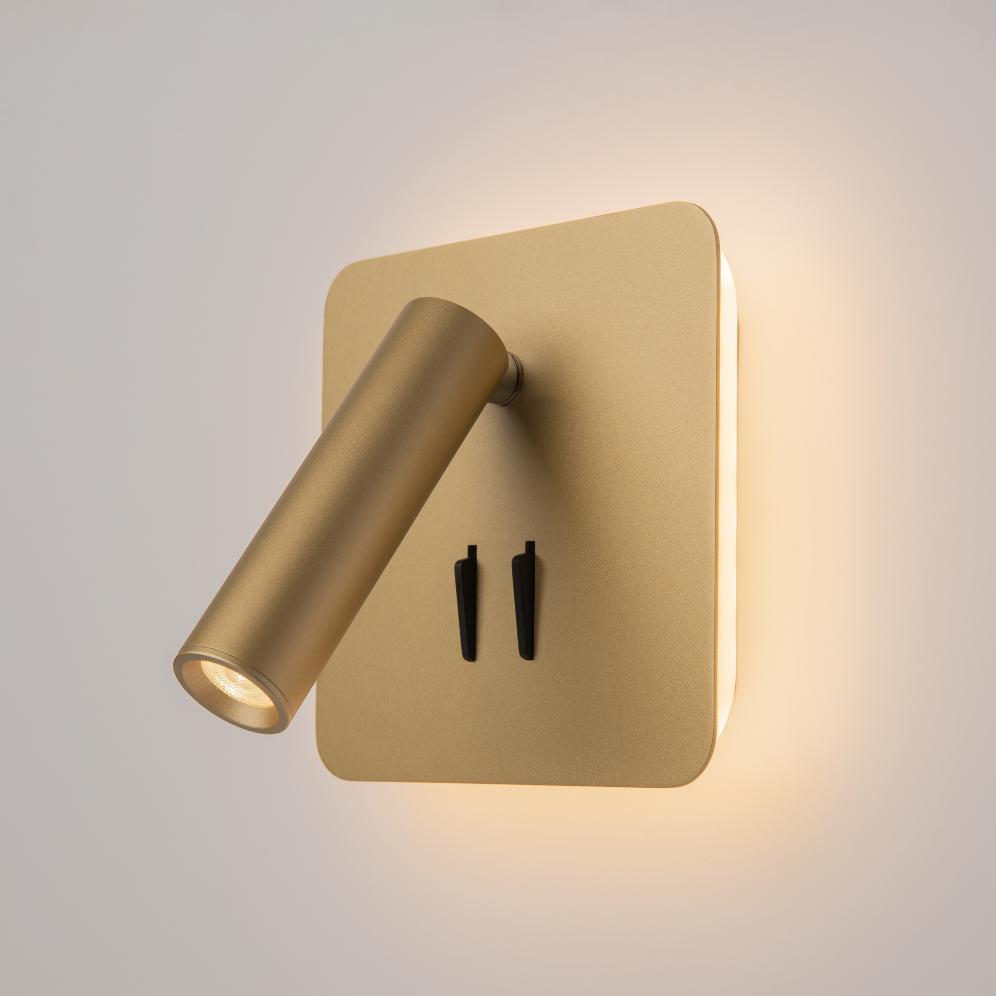 Ios 176, Square Switched Wall Spotlight With Backlight, Matt Gold, 9W, 3000k LED, 13cm Wide