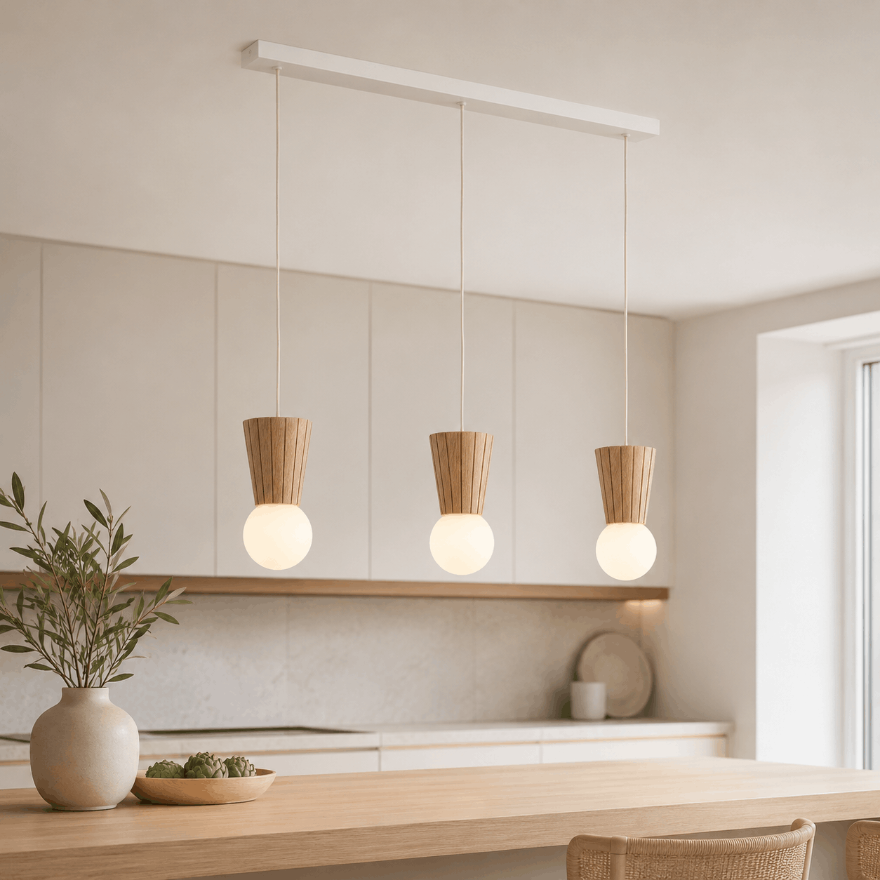 Foltant 3-Lamp IP44 Pendant Light, Light Wood, Opal Glass Shades, 90cm Length