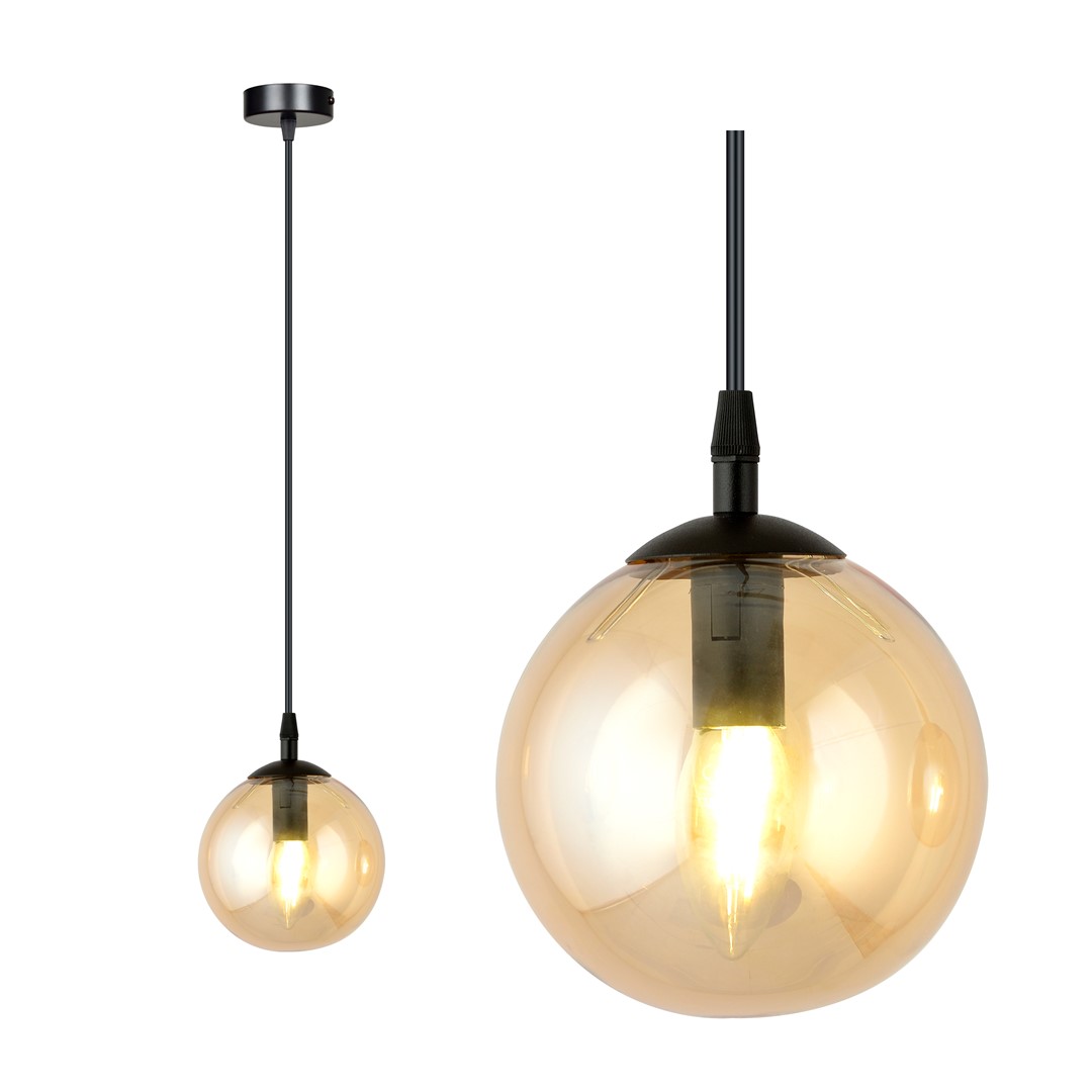Kosmos Single Pendant Light, Black, Amber Glass, 12cm