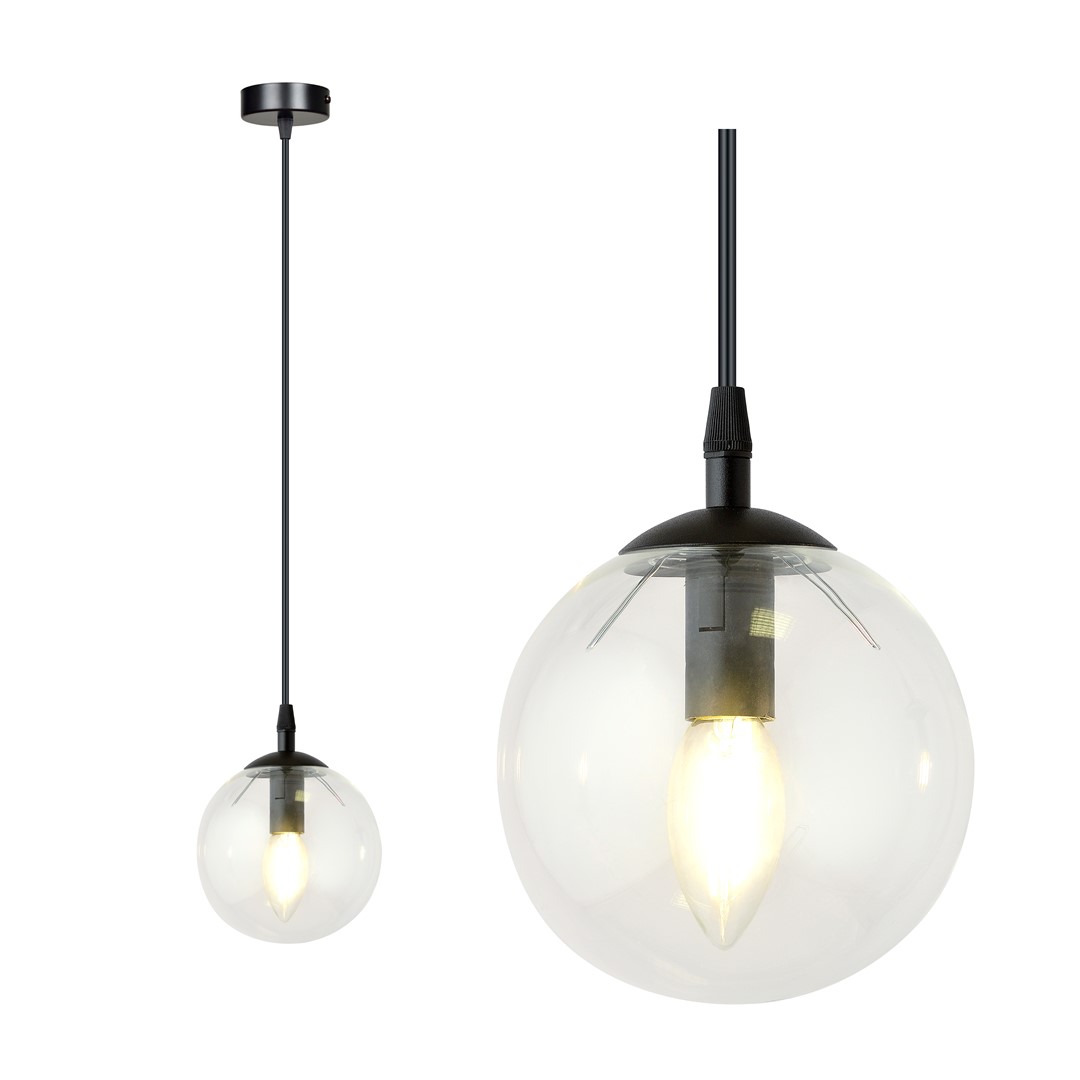 Kosmos Single Pendant Lamp, Black, Clear Glass Shade, 12cm
