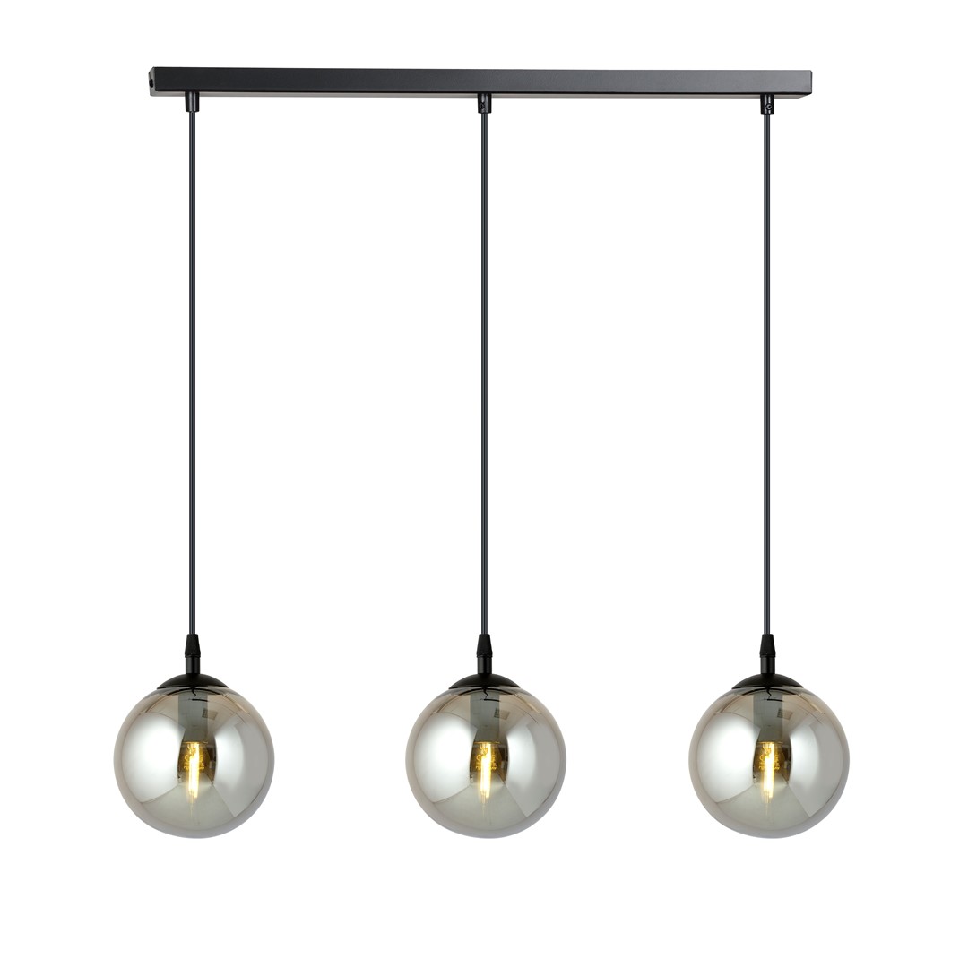 Kosmos Bar Pendant Lamp, 3 Light, Black, Grey Glass, 70cm