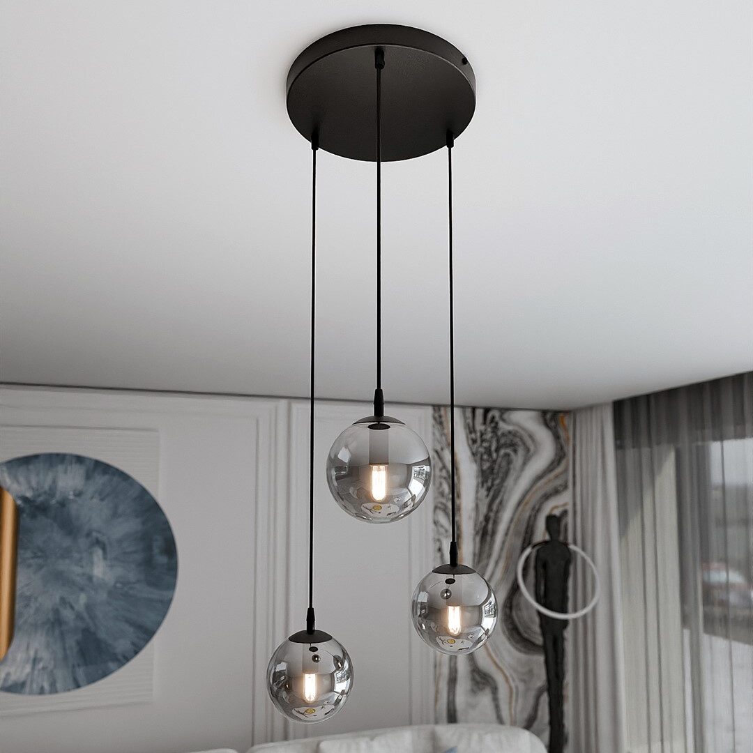 Kosmos Pendant Lamp, 3 Light, Black Frame, Grey Glass, 40cm