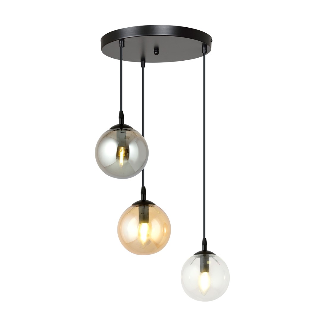 Kosmos 3 Light Pendant Lamp, Black Frame, Grey, Amber, and Clear Glass, 40cm