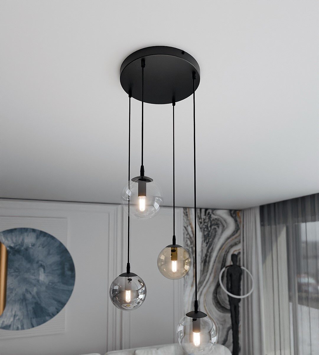 Kosmos 4 Lamp Pendant Light, Multi Drop, Black, Grey, Amber and Clear Glass, 40cm