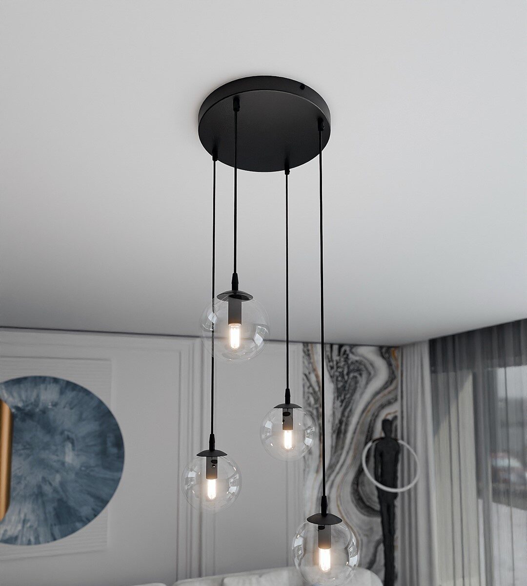 Kosmos Pendant Light, 4 Lamp, Multi Drop, Black, Clear Glass, 40cm