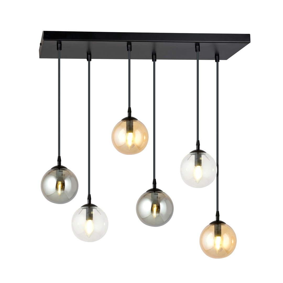 Kosmos 6 Lamp Pendant Light, Black, Amber, Clear And Grey Glass, 65cm