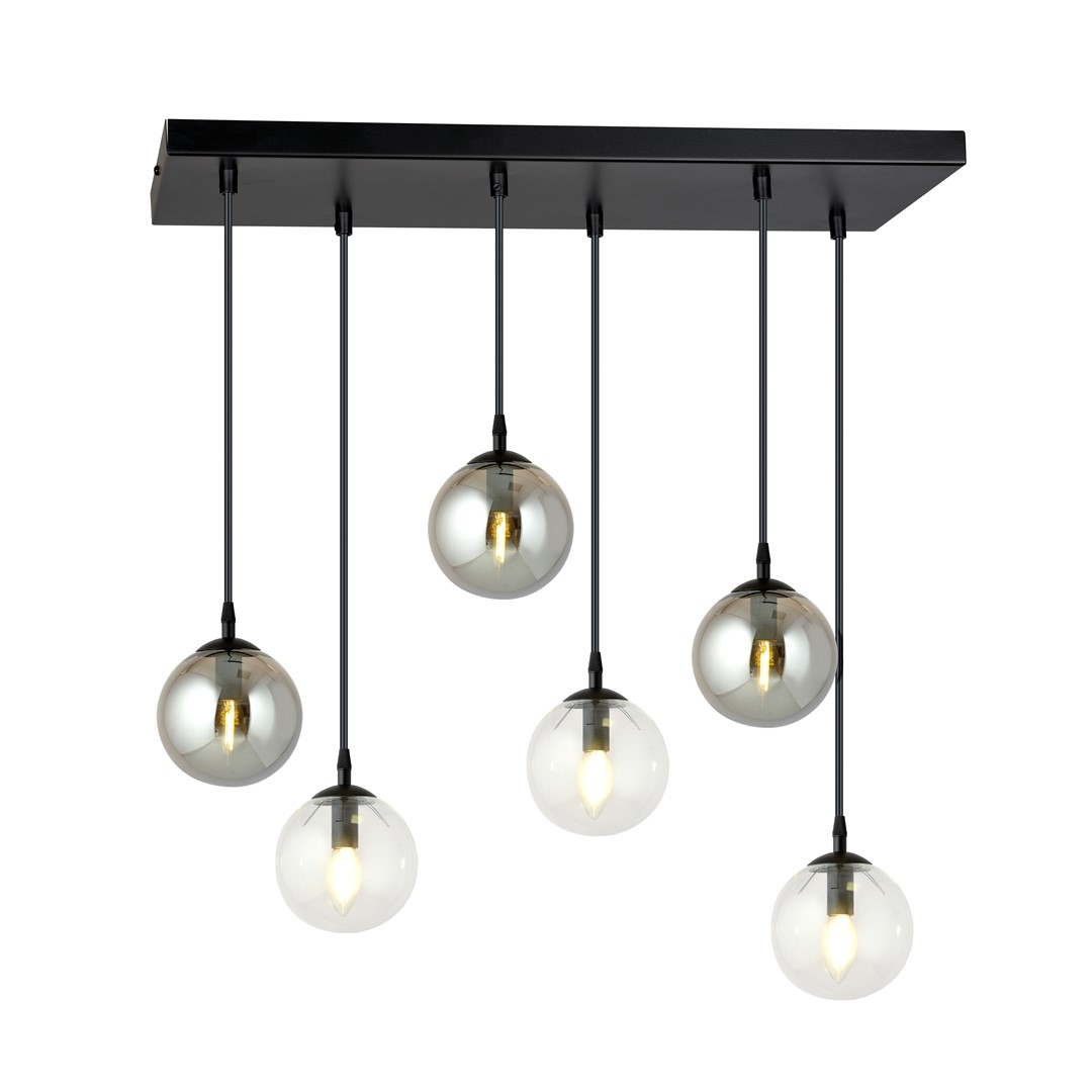 Kosmos 6 Light Pendant Lamp, Black, Grey And Clear Glass, 65cm