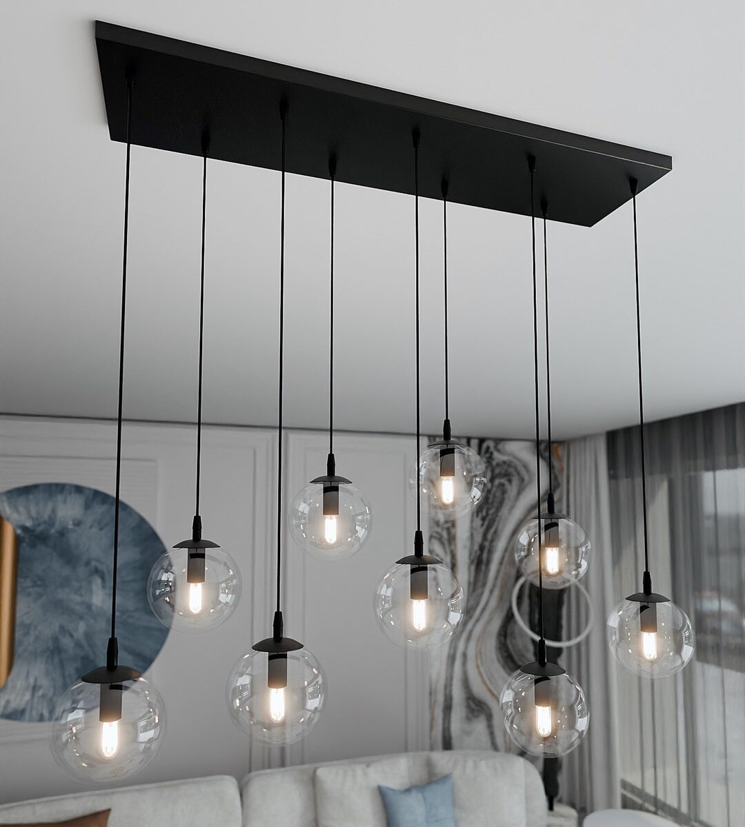 Kosmos Pendant Lamp, 9 Light, Clear Glass Shades, 104cm