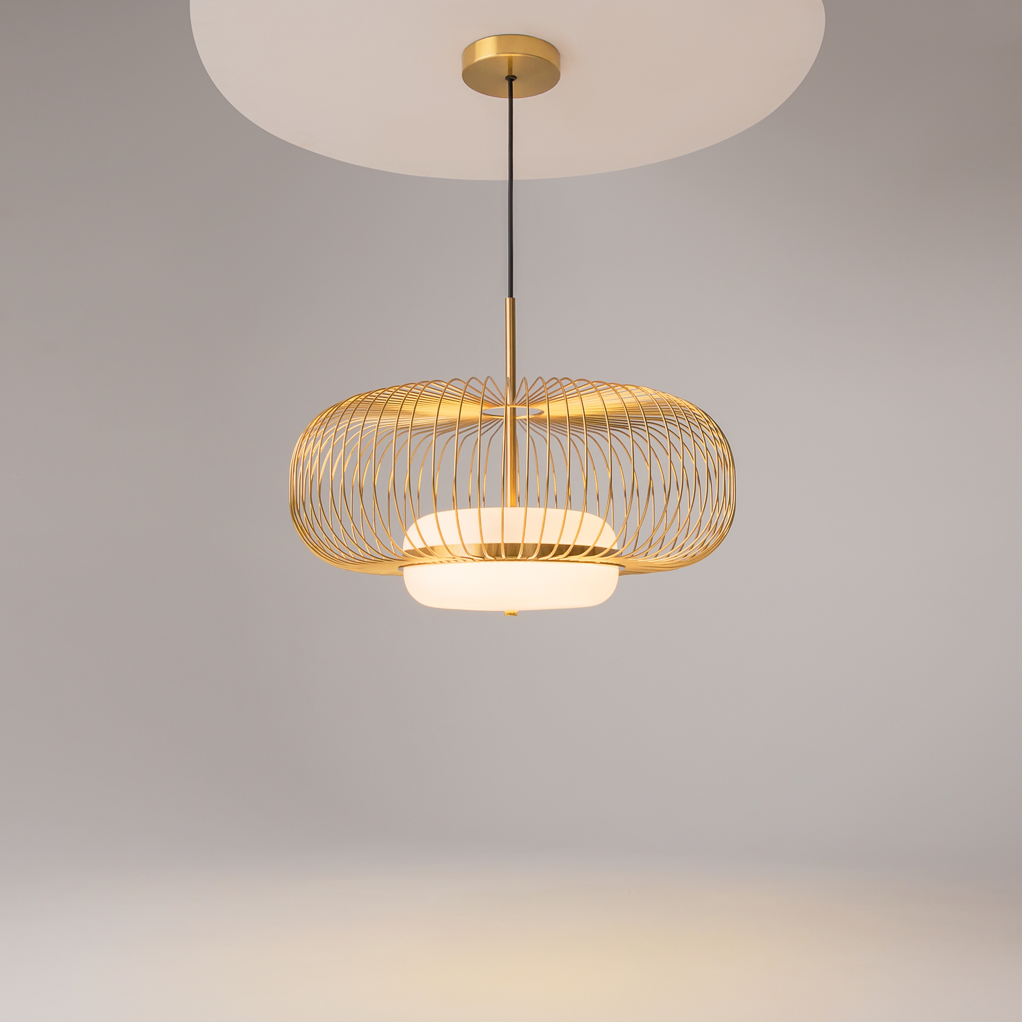 Levitation Large Brass Pendant Light, Opal Glass, Metal, 50cm Diameter