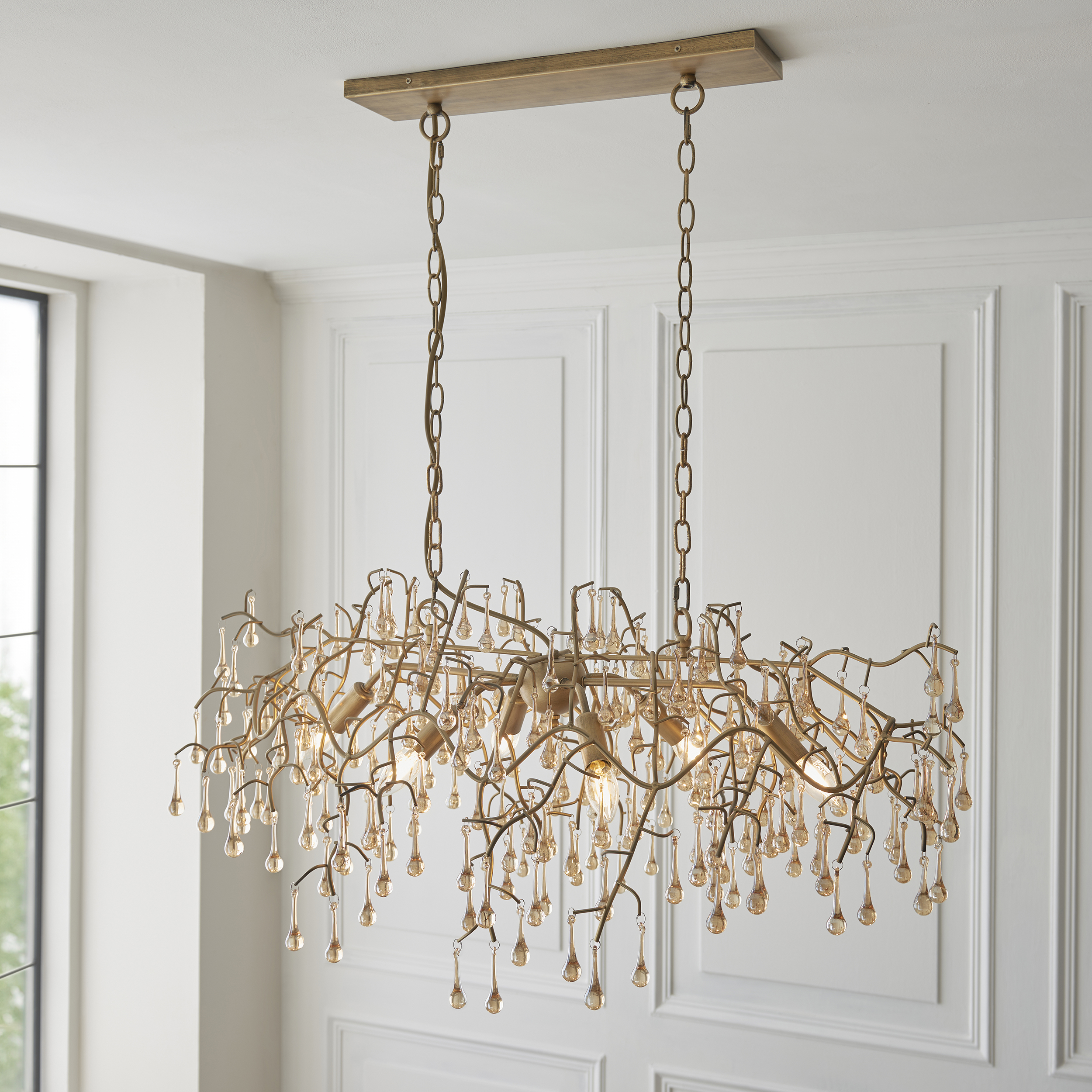 Remi Linear Pendant Lamp, Gold, Glass Teardrops, 60cm