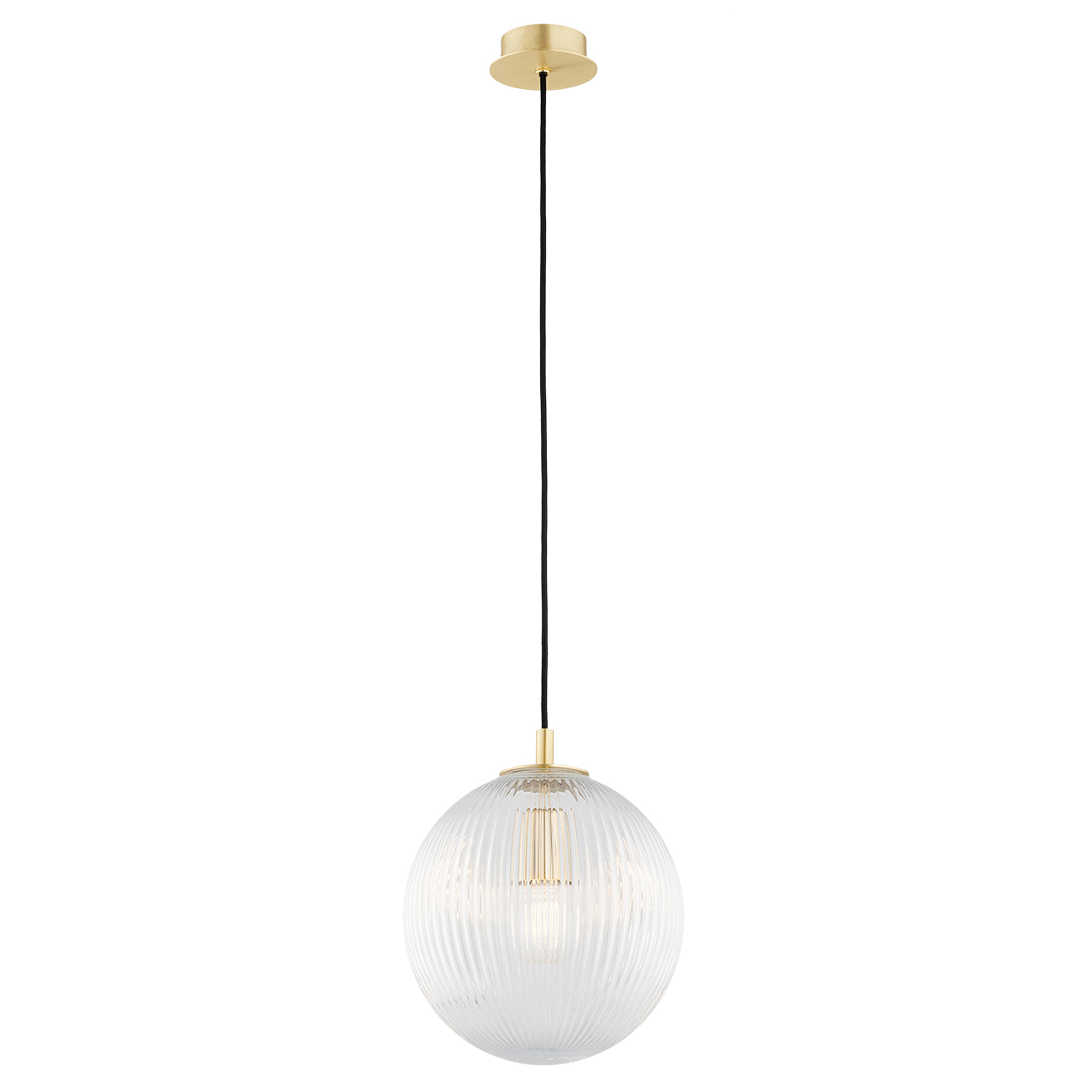 Loma 1 Light Pendant Lamp, Clear Ribbed Glass, Brass, 25cm