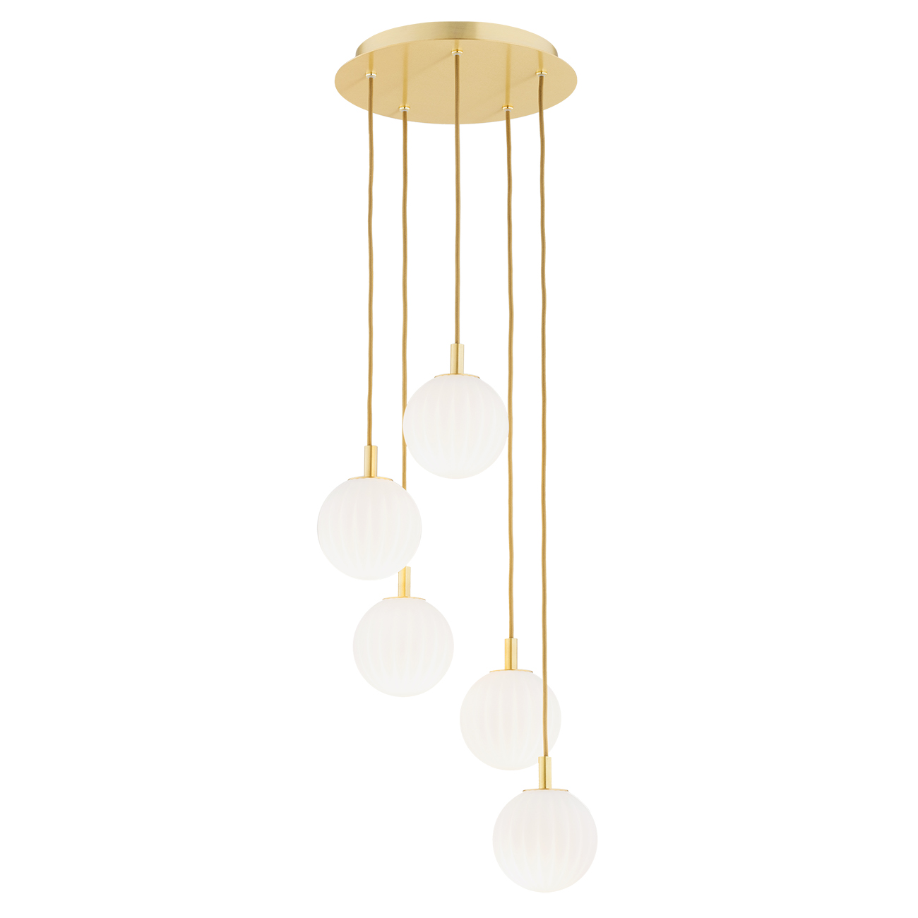 Loma Multi Drop 5 Lamp Pendant Light, Brass, Matt Opal Glass, 34cm