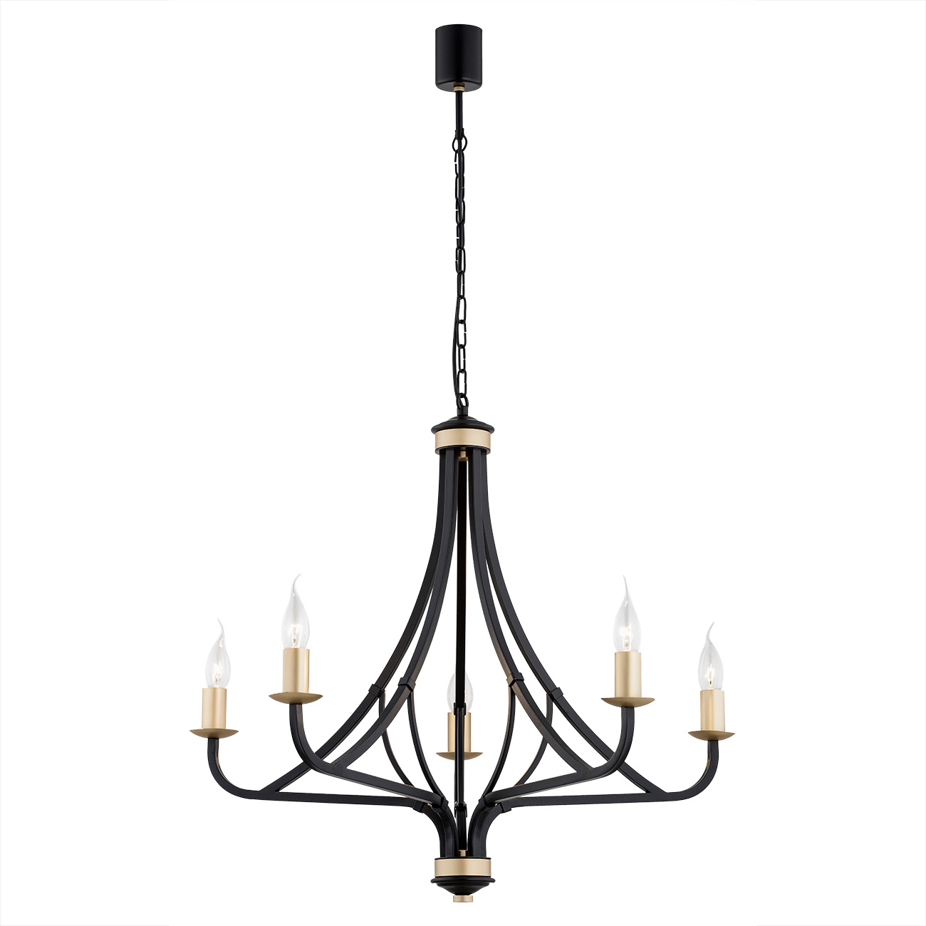 Loren 5 Light Candle Chandelier, Black & Gold Painted Steel, 70cm Wide