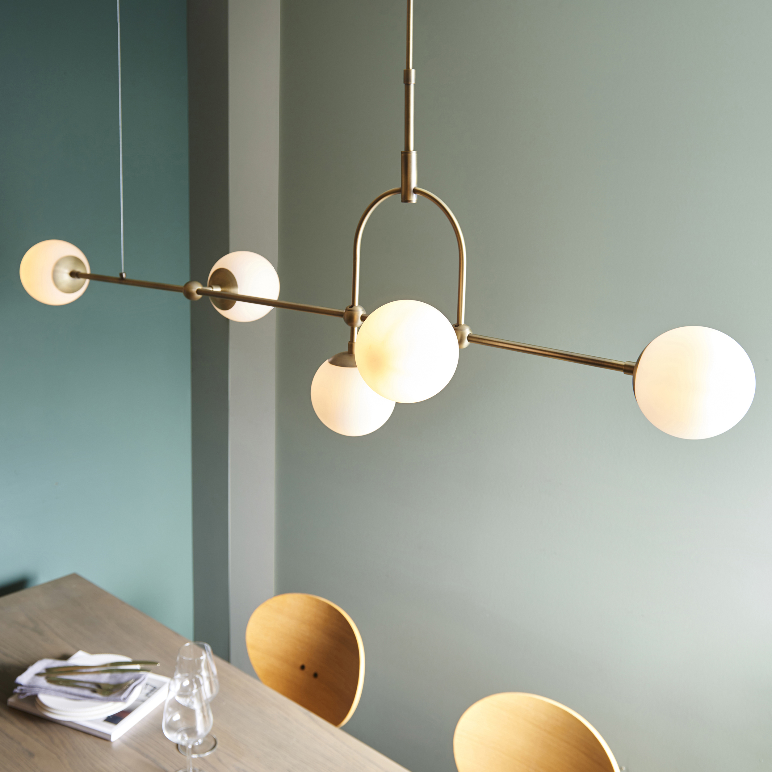 Felix Pendant Light, Antique Brass, Opal Glass, Linear, 162cm