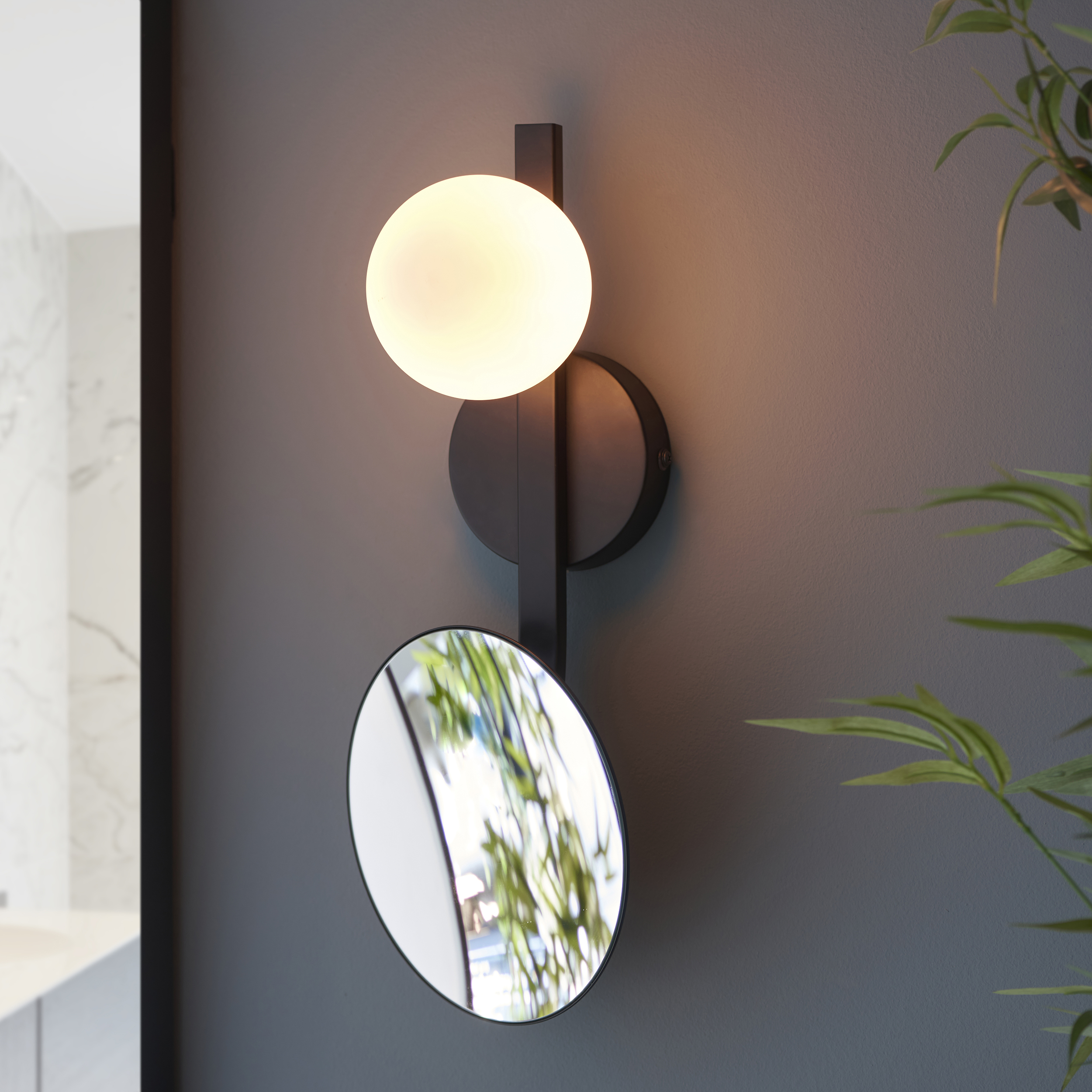 Mia Bathroom Wall Light, Vanity Mirror, IP44, Black, Opal Glass