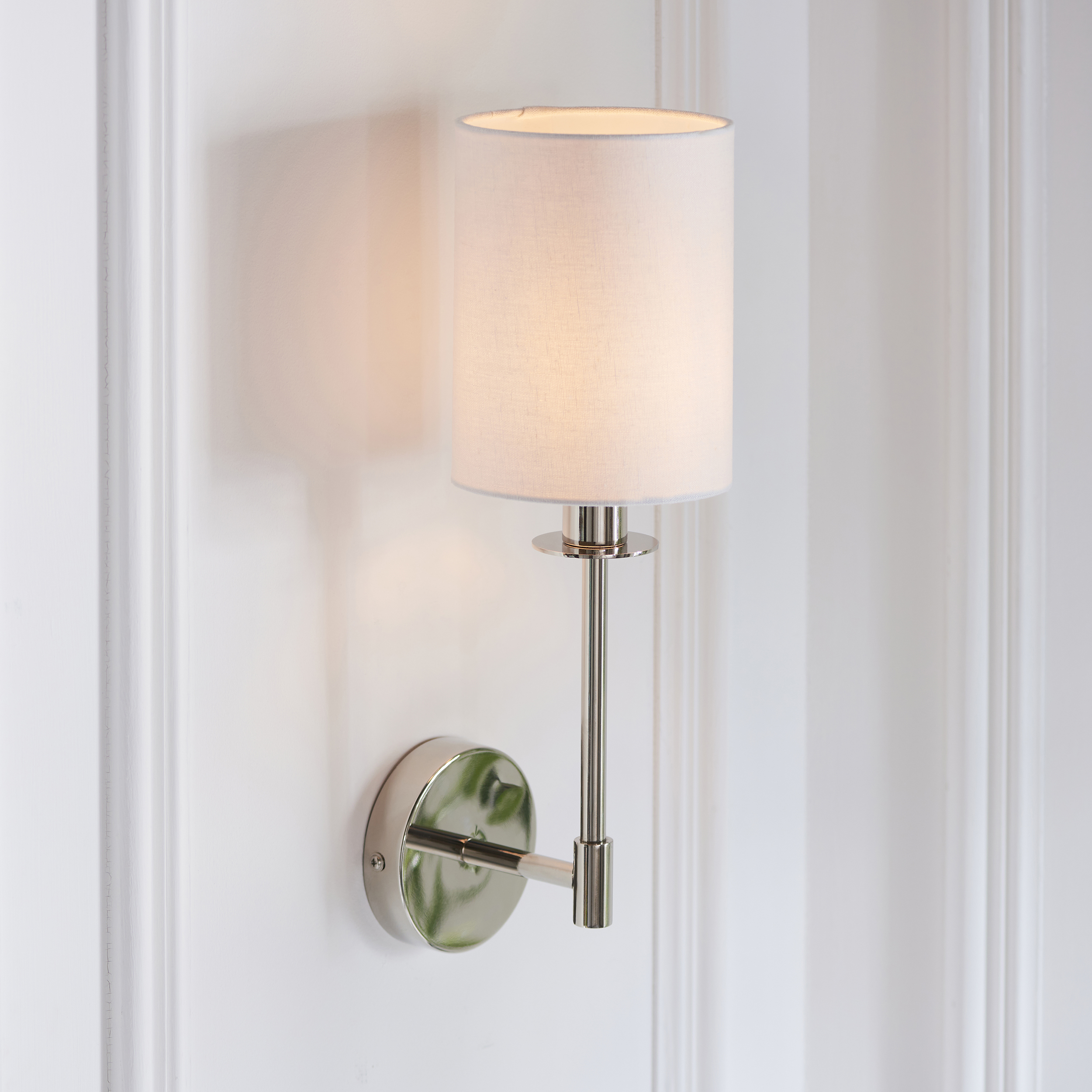 Quill Wall Light, Polished Nickel, Cylinder Fabric Shade