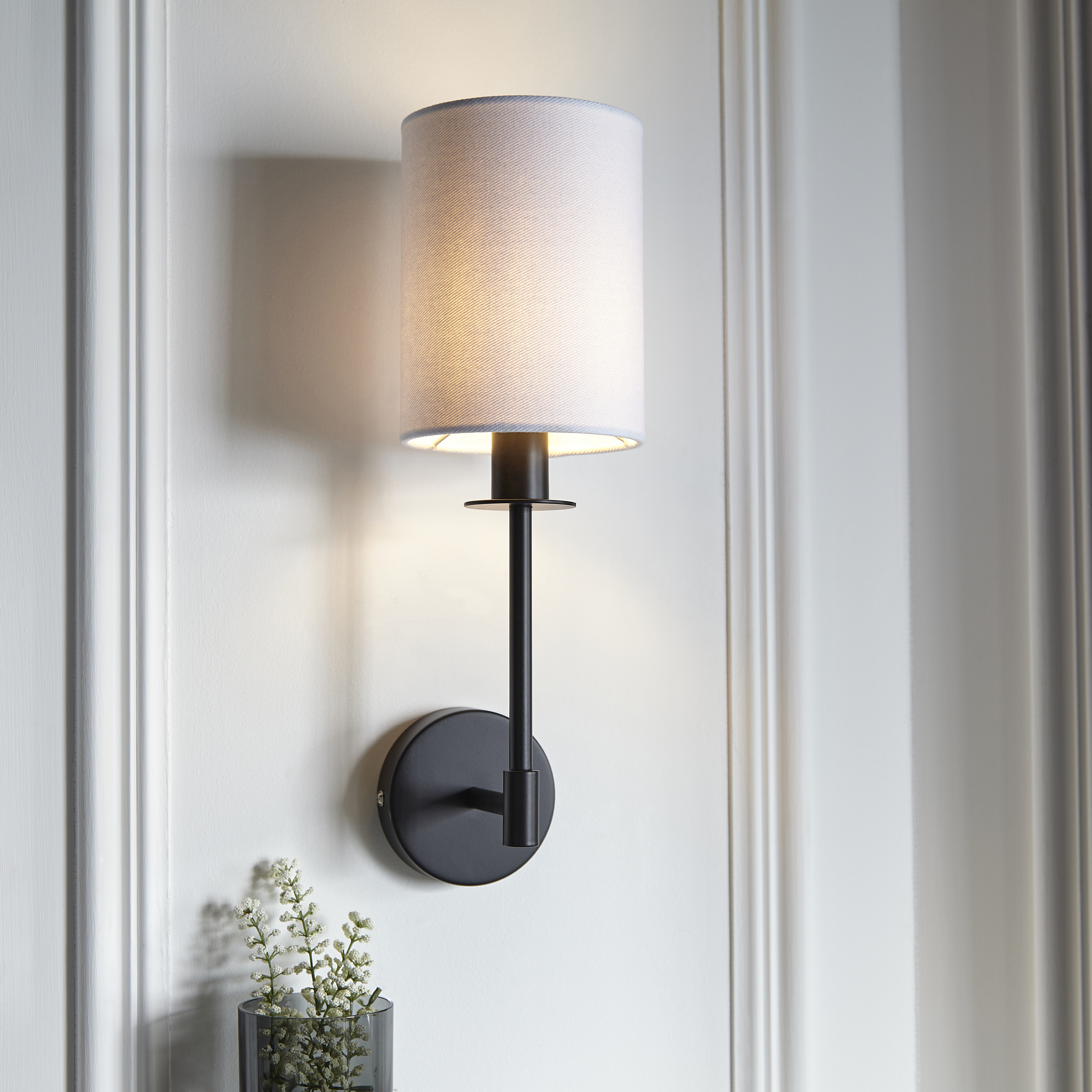 Quill Wall light, Black, Cylindrical White Shade