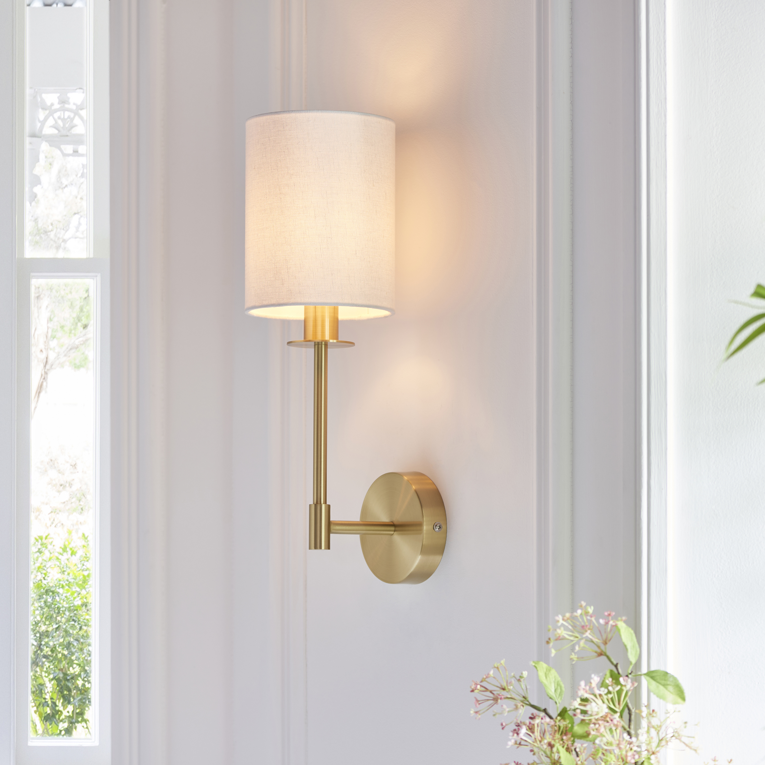 Quill Brass Wall Light, Cylinder White Shade