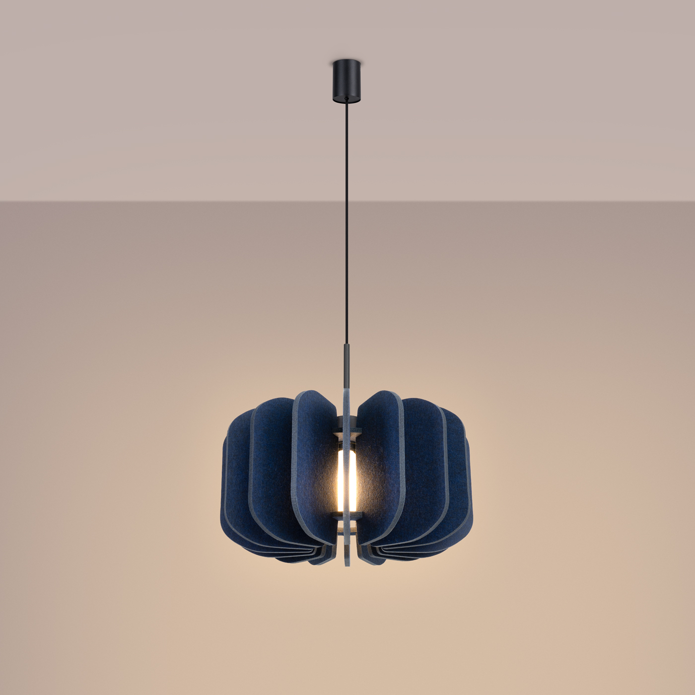 Malo Navy Blue Pendant Light, Felt Shade, Black Metal, 45cm Diameter, 1 Lamp