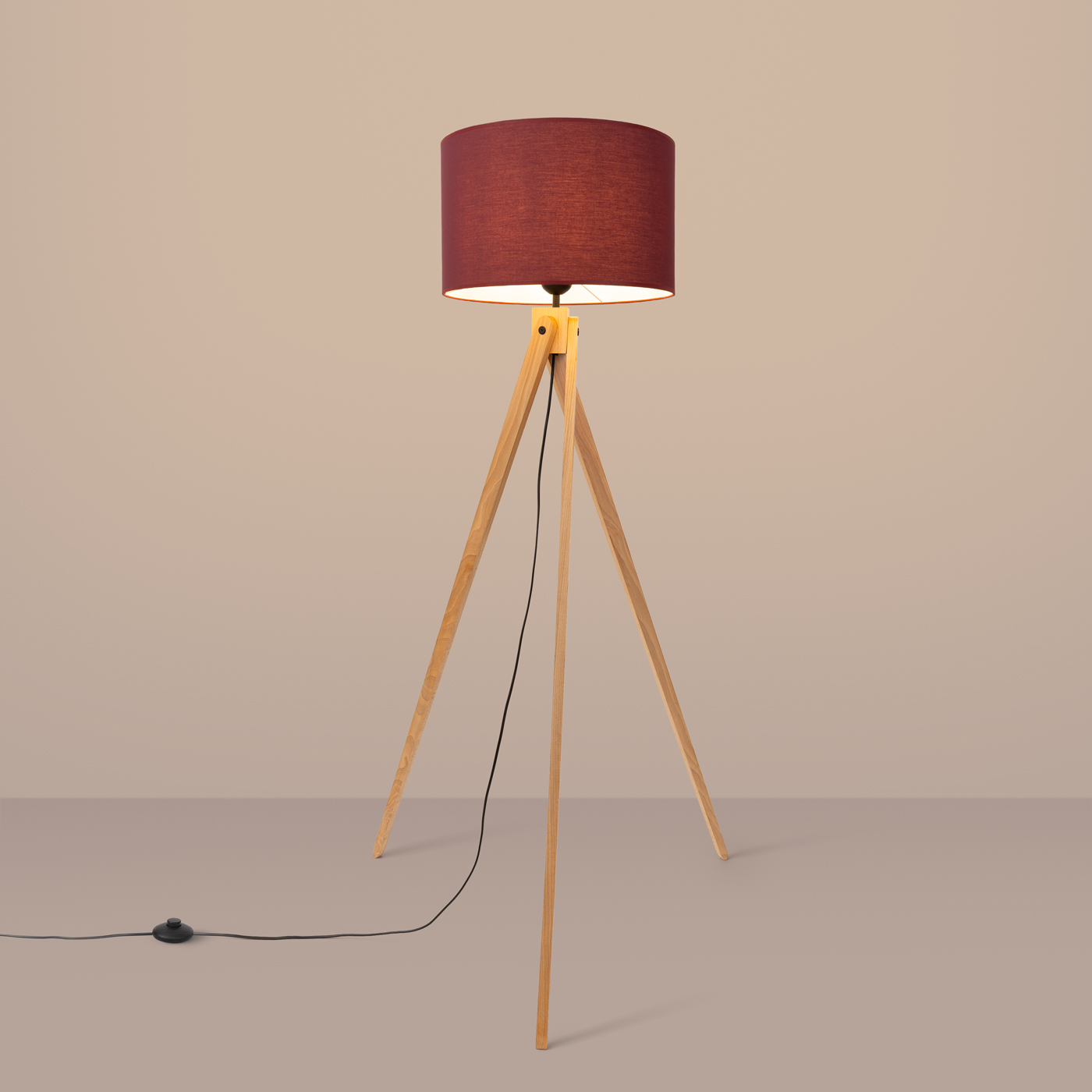 Gatt Natural Wooden Floor lamp, Burgundy Fabric Shade, 1 Light, 140cm Height