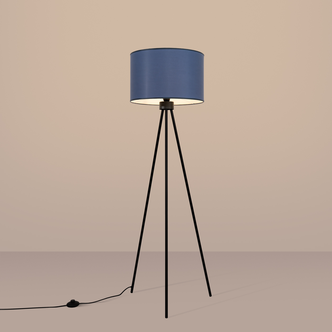 Evra Black Floor Lamp, 1 Light, Navy Fabric Drum Shade, 135cm Height