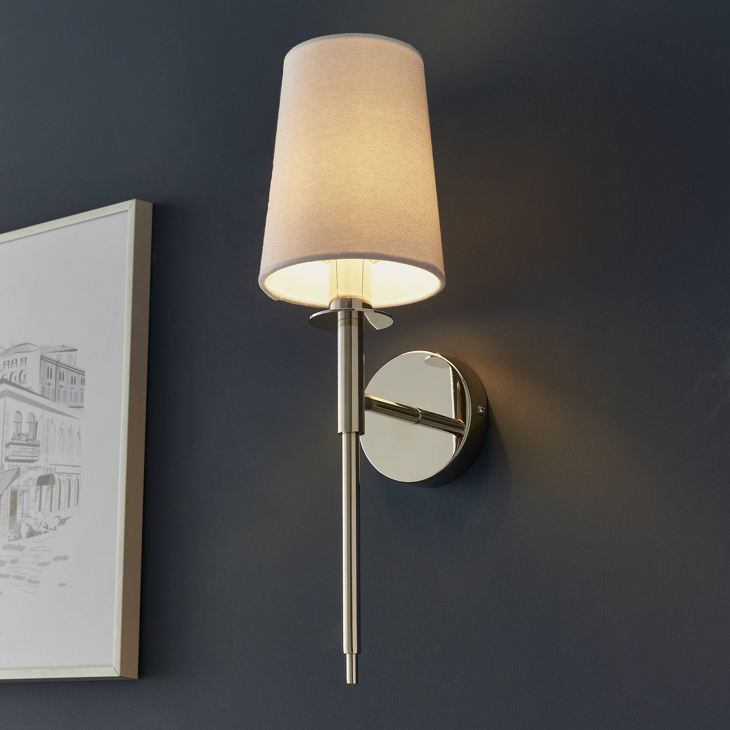 Lilt Wall Lamp, Polished Nickel, White Fabric Shade