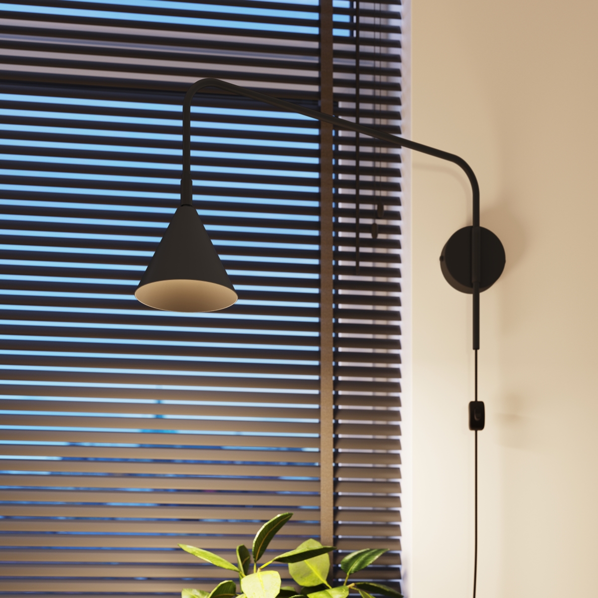 Knox Black Plug-In Wall Lamp, Extended Swivel Arm, 61cm Depth