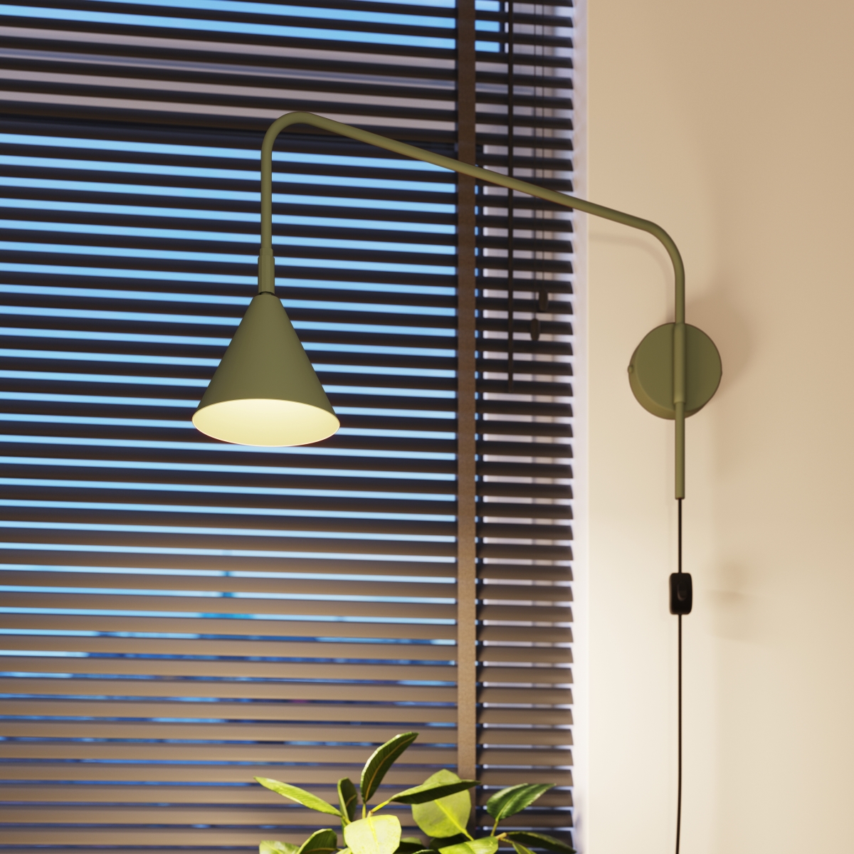 Knox Olive Green Plug-In Wall Light, Extended Swivel Arm, 61cm Depth