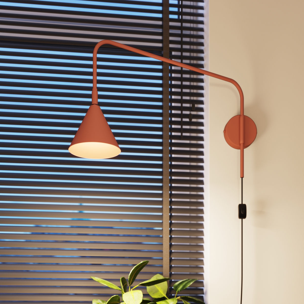 Knox Terracotta Red Plug-In Wall Lamp, Extended Swivel Arm, 61cm Depth