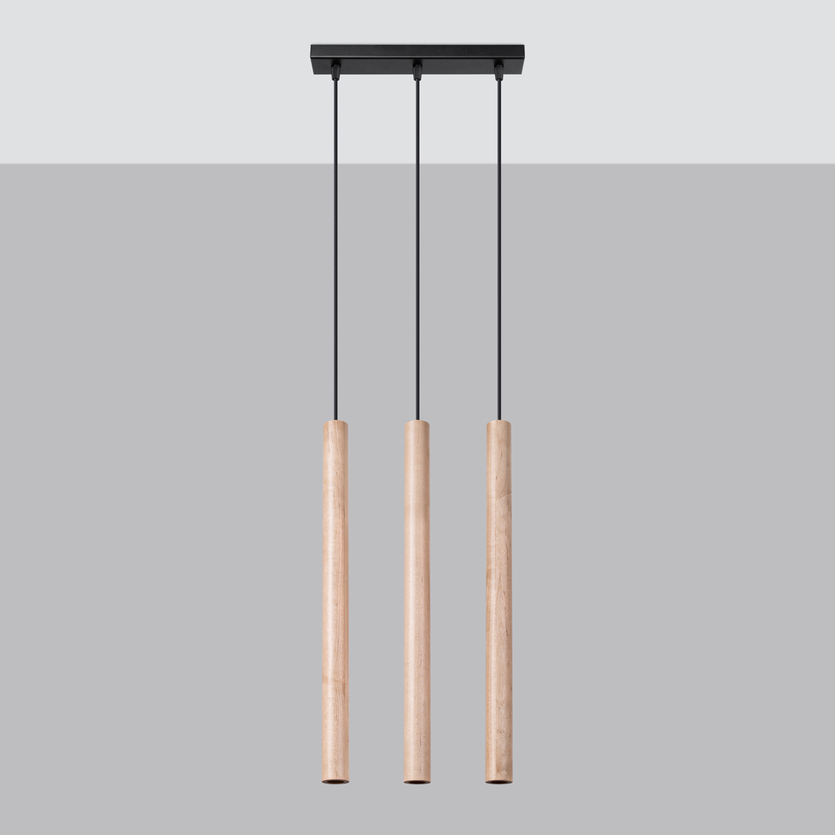 Vaslow 3 Light Bar Pendant Lamp, Wood Tubes, Black Metal, 45cm Length