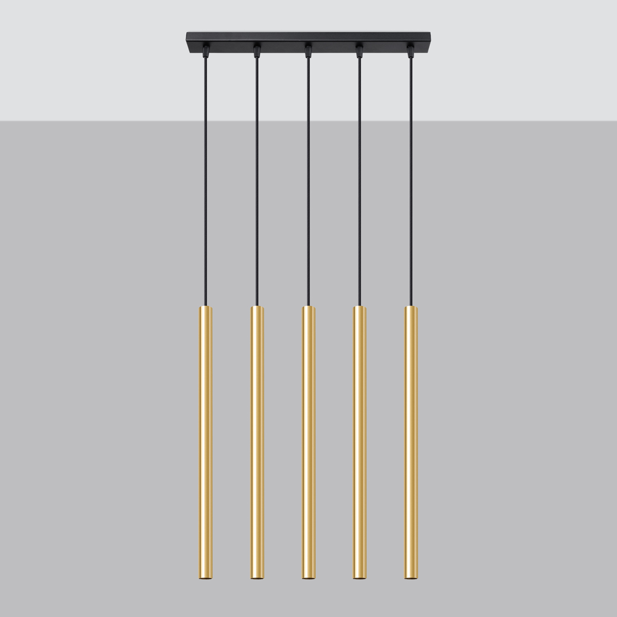 Vaslow 5 Light Bar Pendant Lamp, Polished Gold, Black Metal, 45cm Length