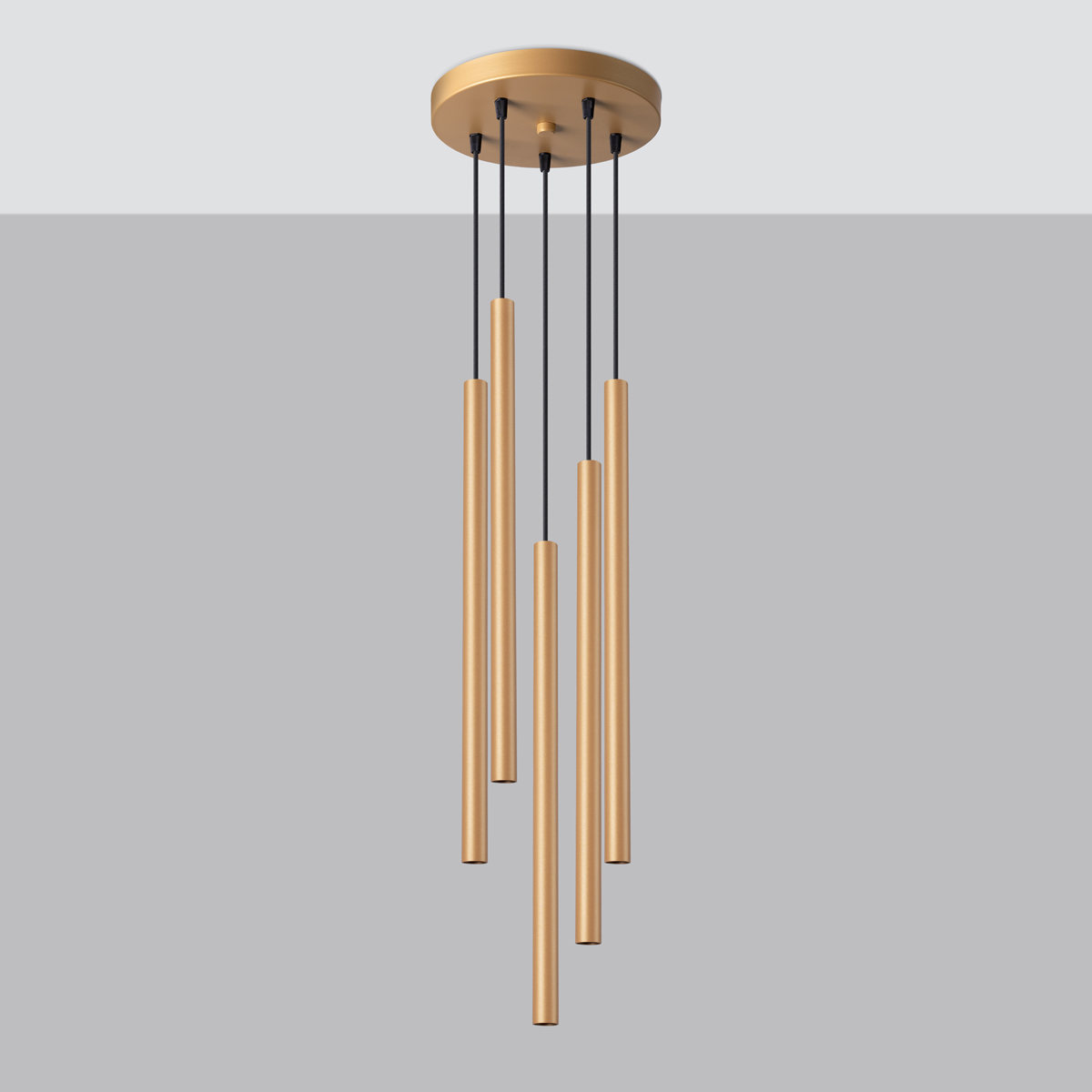 Vaslow 5 Lamp Multi Drop Tube Pendant Lamp, Matt Gold Metal, 25cm Diameter
