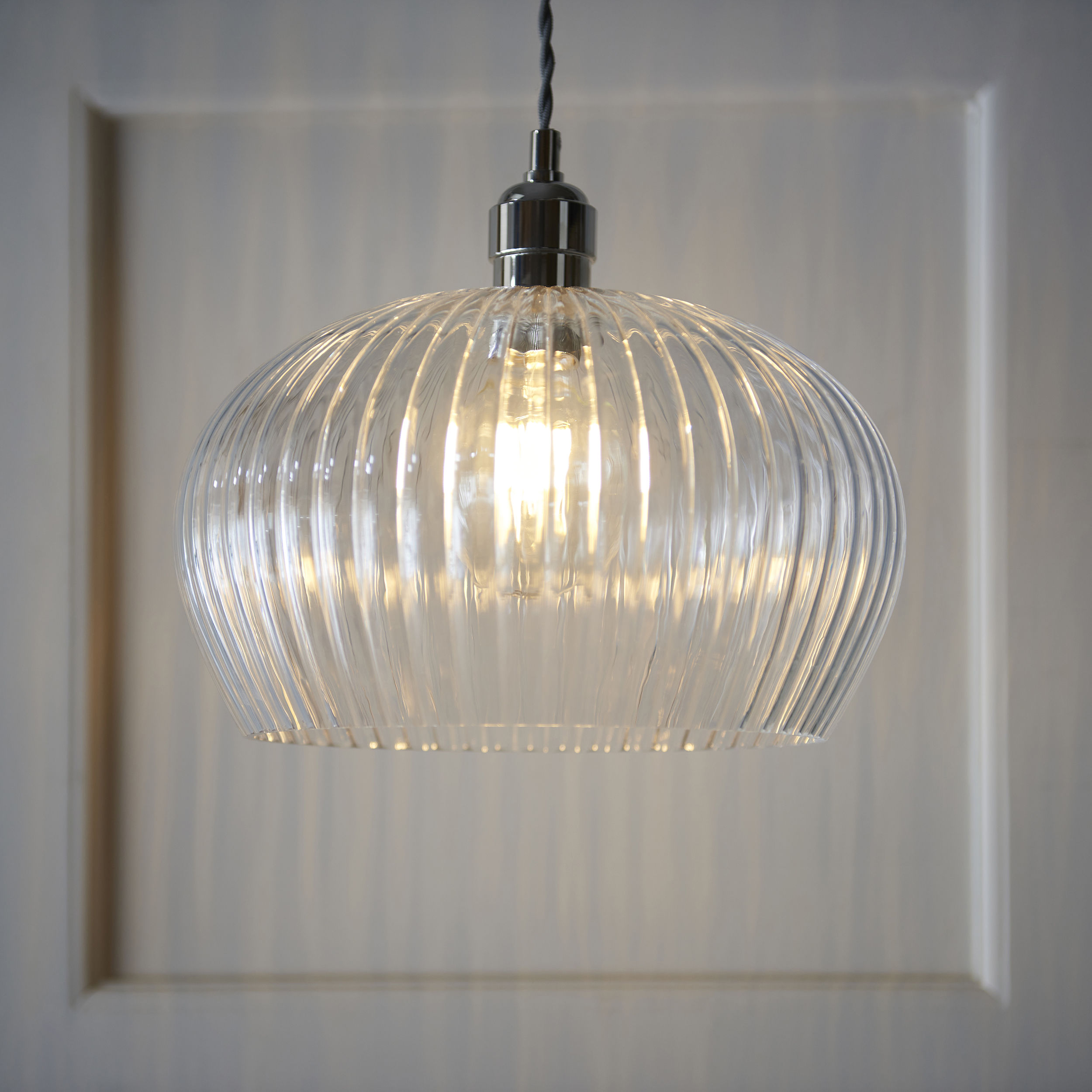 Nico Medium Pendant Lamp, Ribbed Glass, Polished Nickel, 31cm