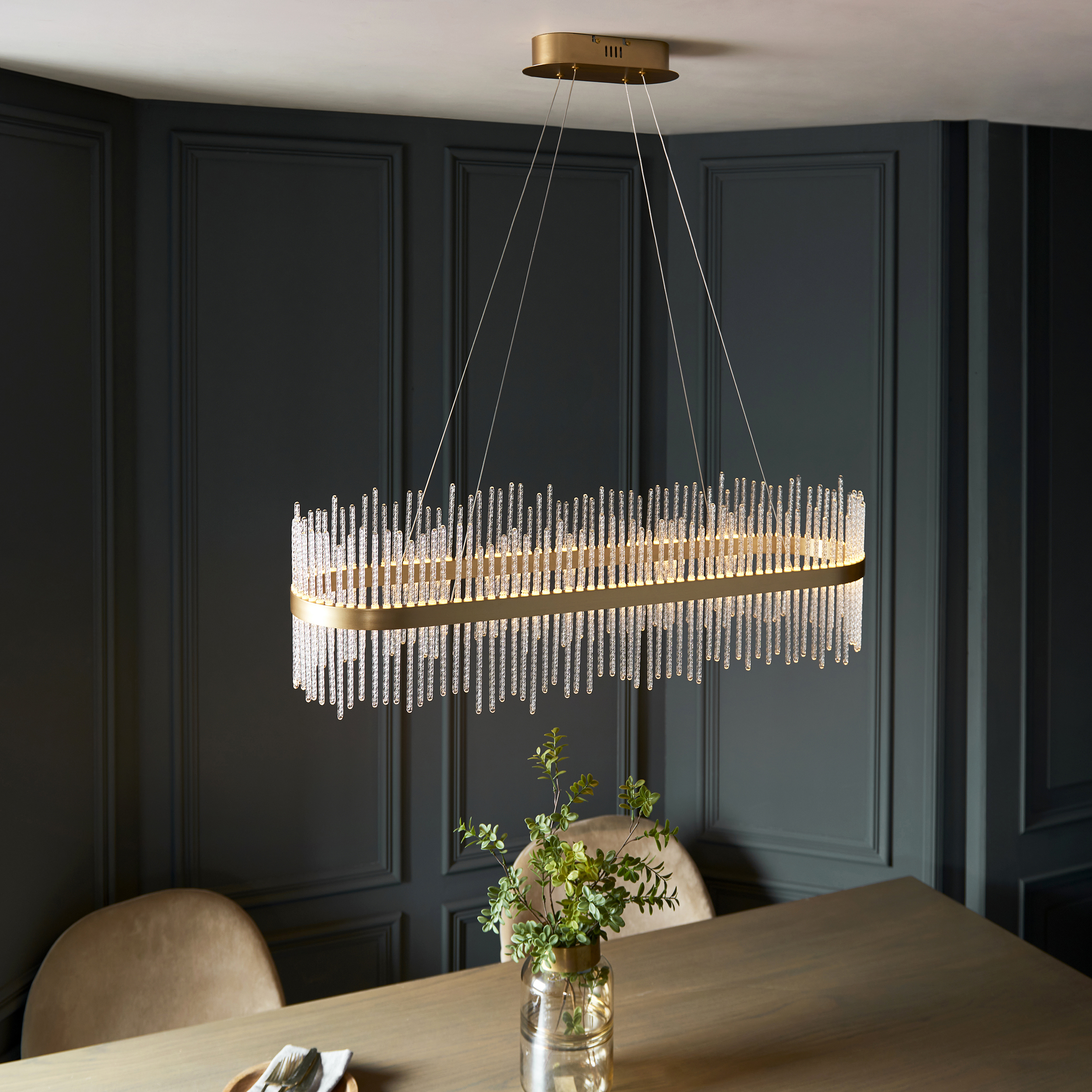 Netus Oval Pendant Lamp, LED, Brushed Gold, Glass, 95cm